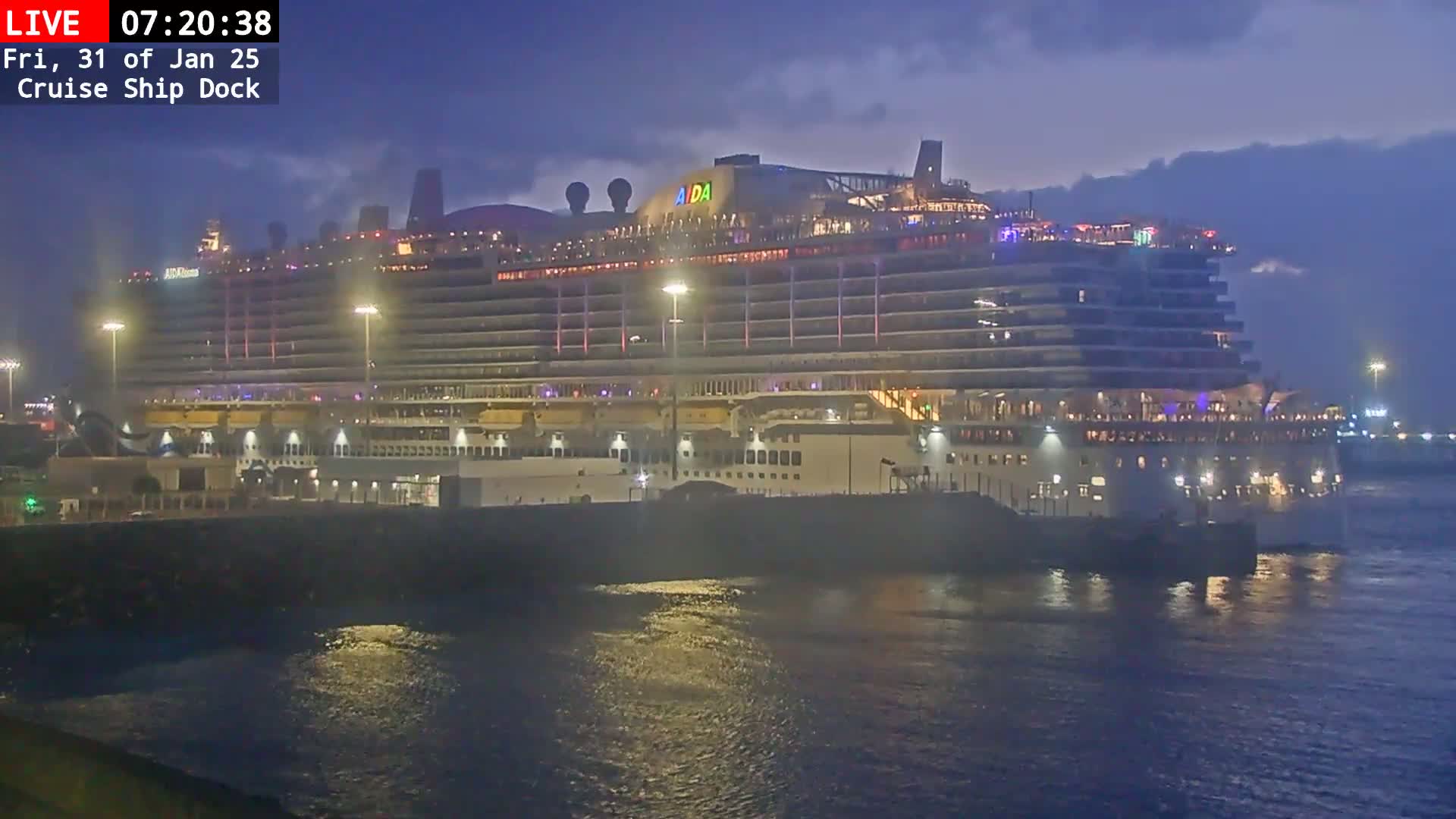 A large cruise ship is docked at night under a dark, cloudy sky.
