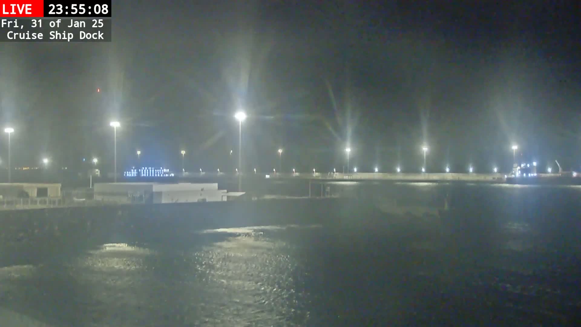 A nighttime view of a cruise ship dock with lights illuminating a somewhat choppy body of water.