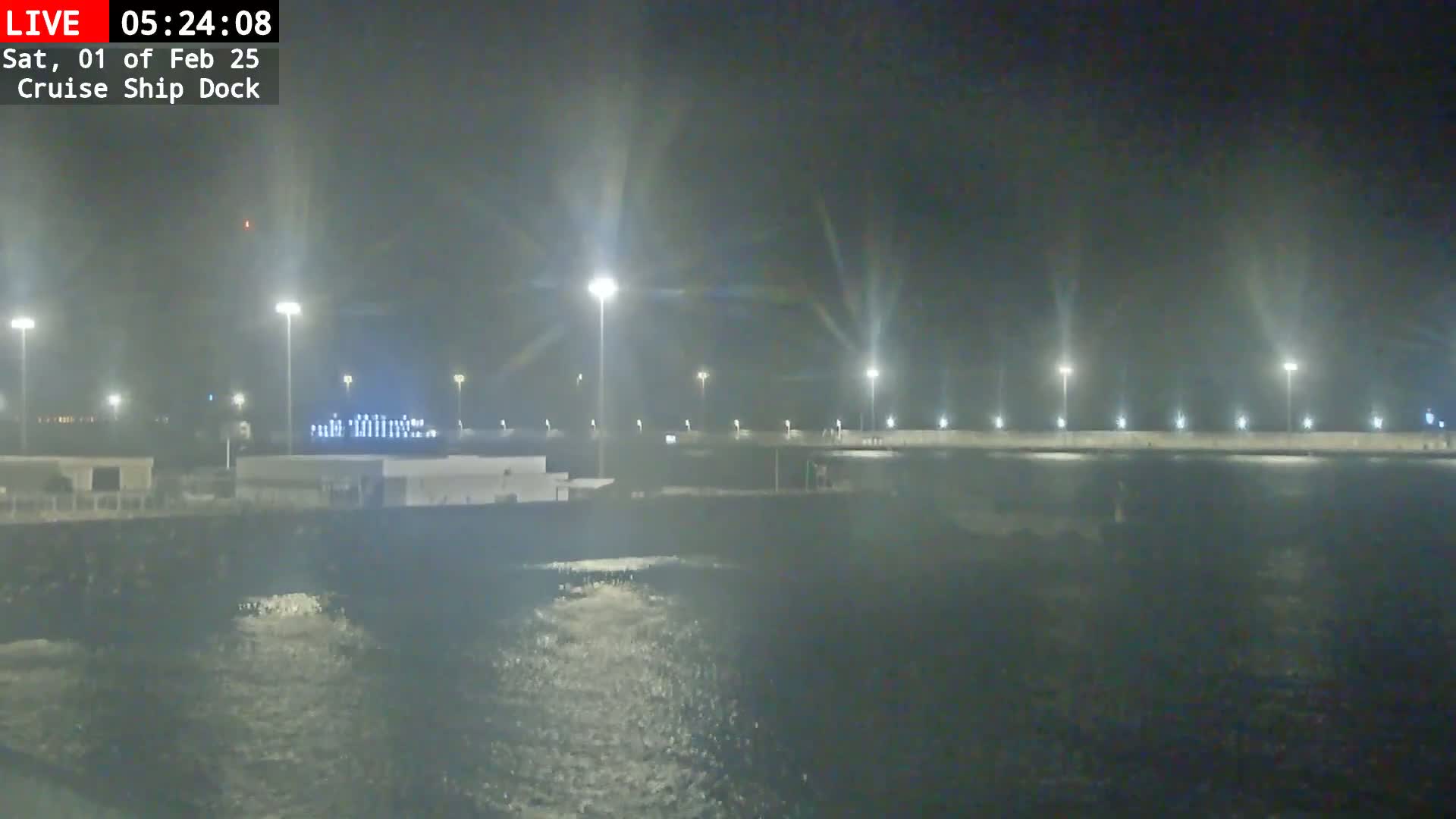A nighttime view of a cruise ship dock illuminated by many lights, with somewhat choppy water in the foreground under a hazy sky.