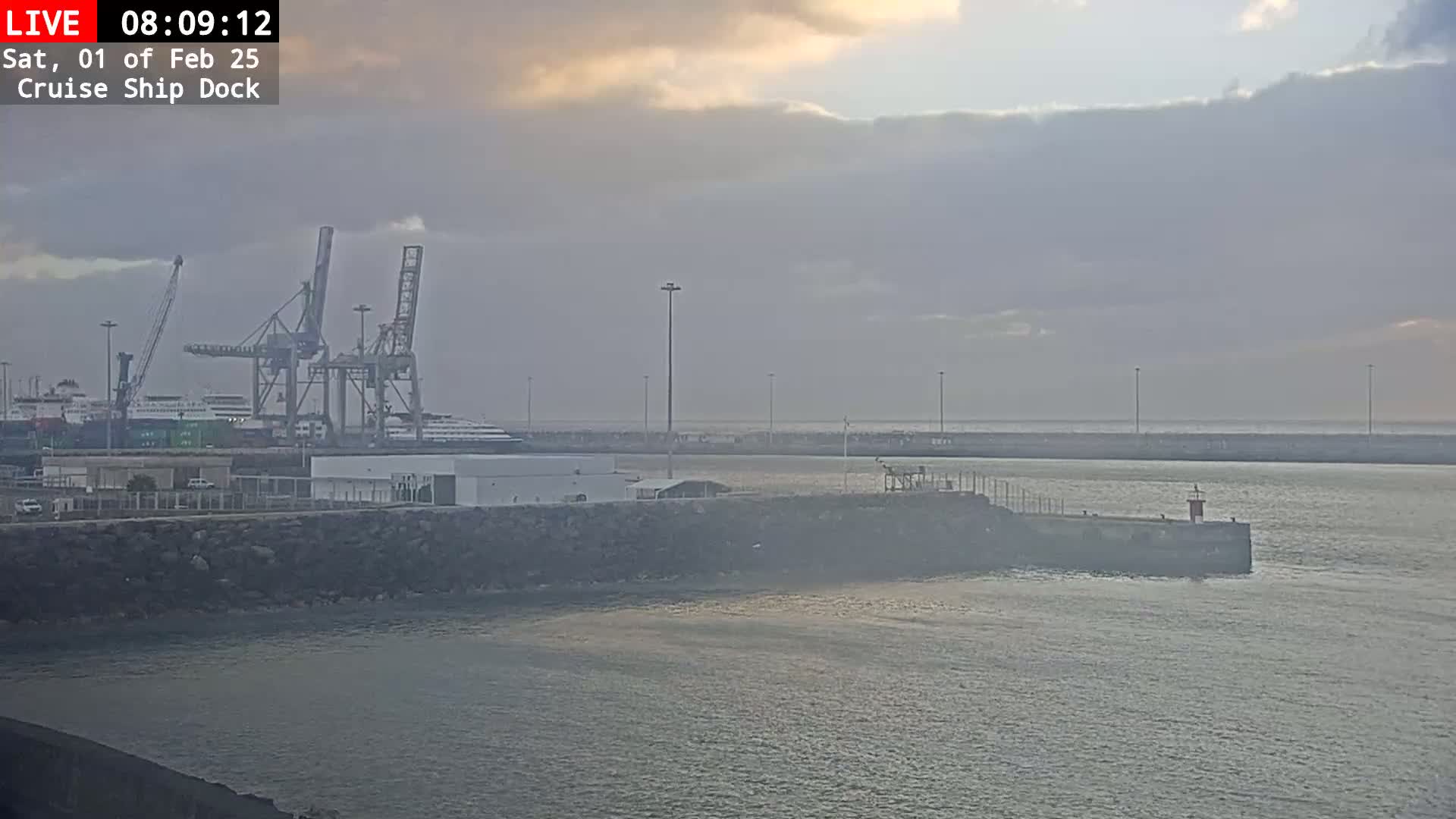 A cruise ship dock with several cranes and ships under an overcast sky.