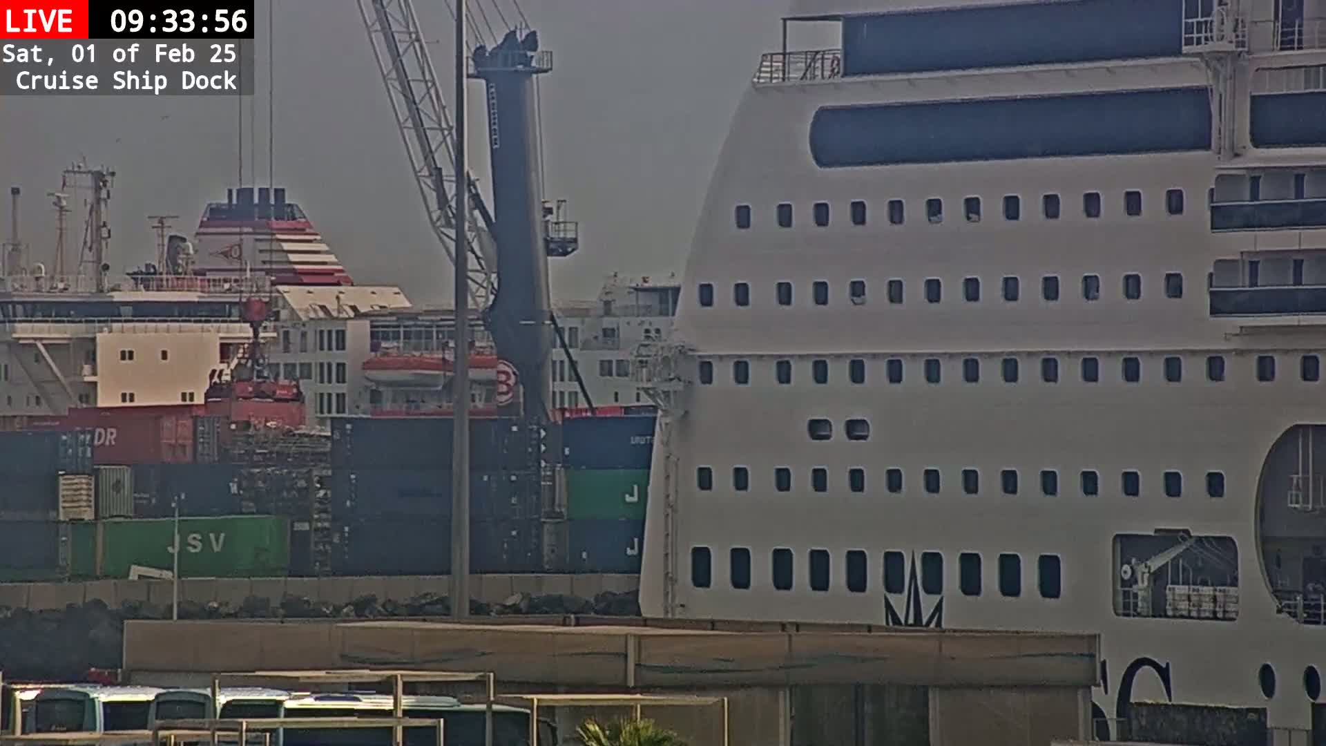 A large cruise ship is docked at a port on a hazy day, with cargo ships and containers visible nearby.