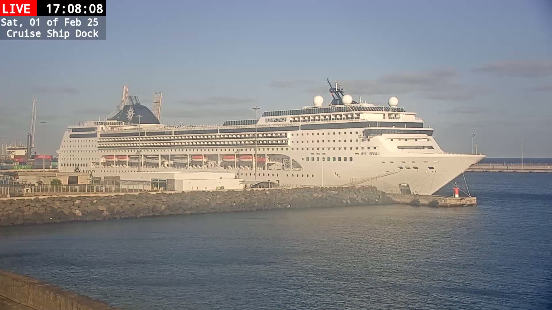 A large cruise ship is docked at a port on a calm, sunny day.