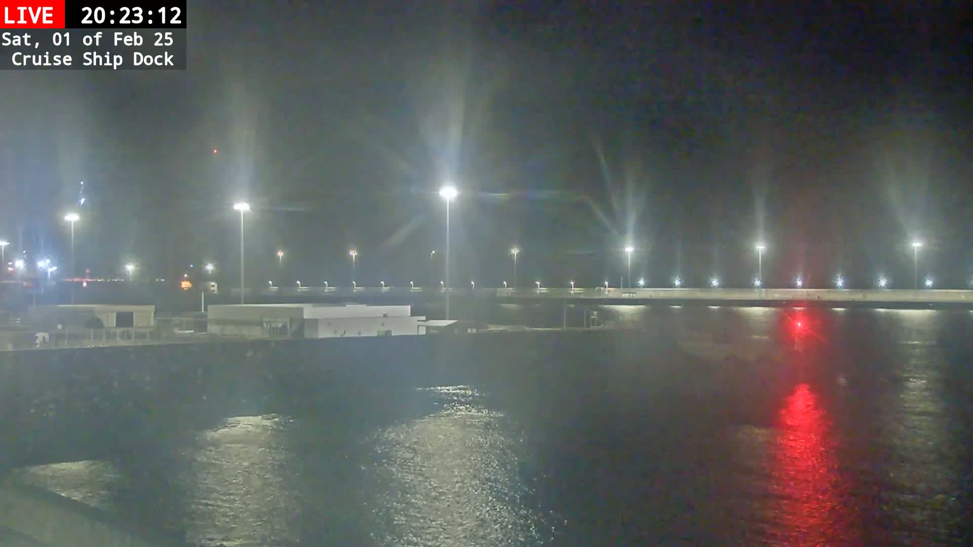A nighttime view of a cruise ship dock with calm water under hazy conditions and several lights illuminating the scene.