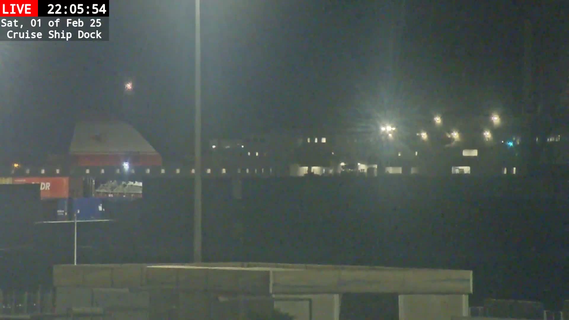 A cruise ship is docked at night under hazy conditions, with lights visible on the surrounding buildings.