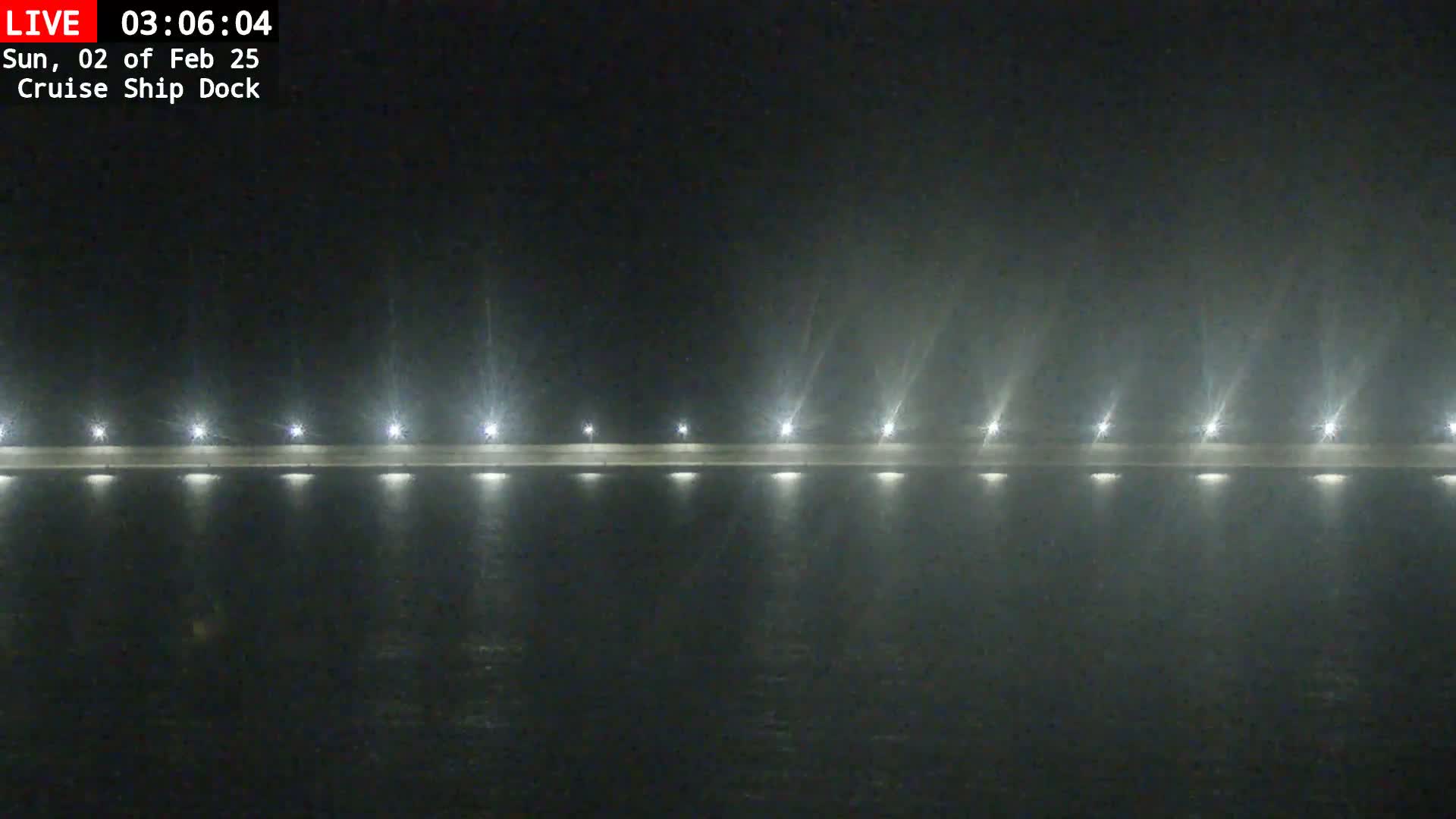 A long, low-lit dock extends over dark water in foggy nighttime conditions.