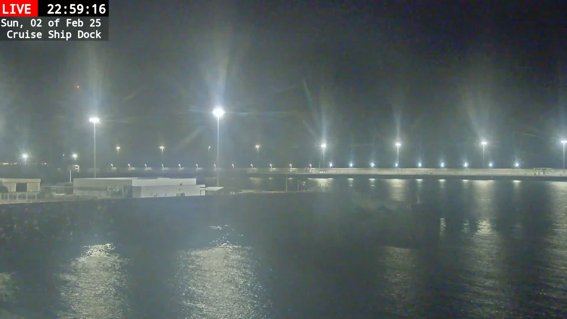 A nighttime view of a cruise ship dock illuminated by numerous lights, with calm water reflecting the lights.