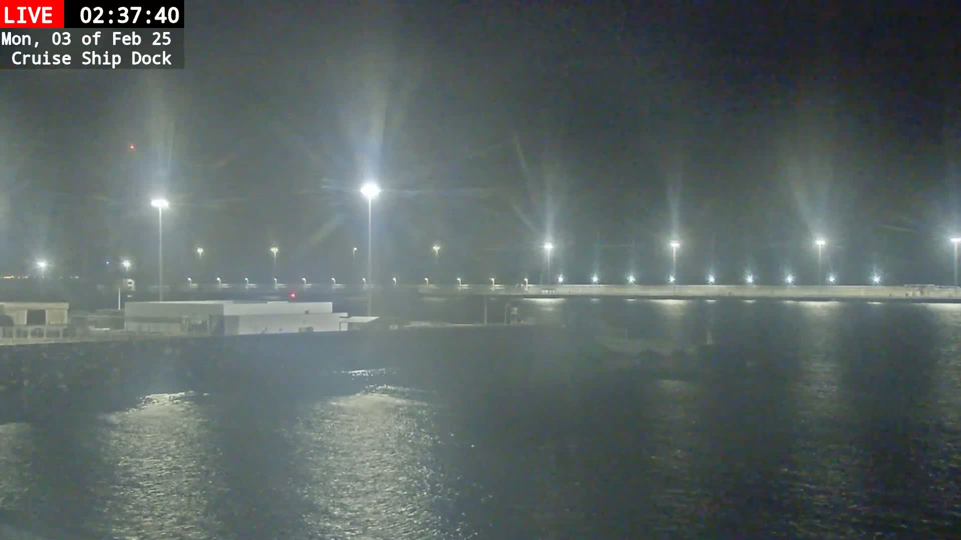 A nighttime view of a cruise ship dock with lights illuminating a dark, slightly choppy body of water.