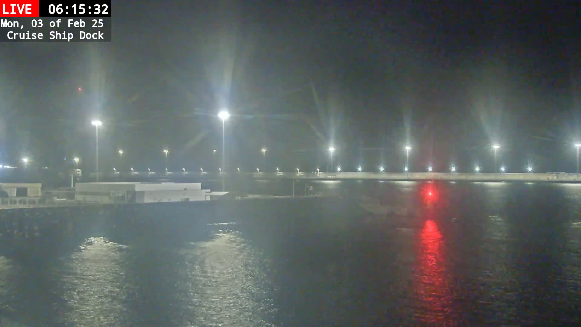 A nighttime view of a cruise ship dock with lights illuminating the water and a structure beyond.