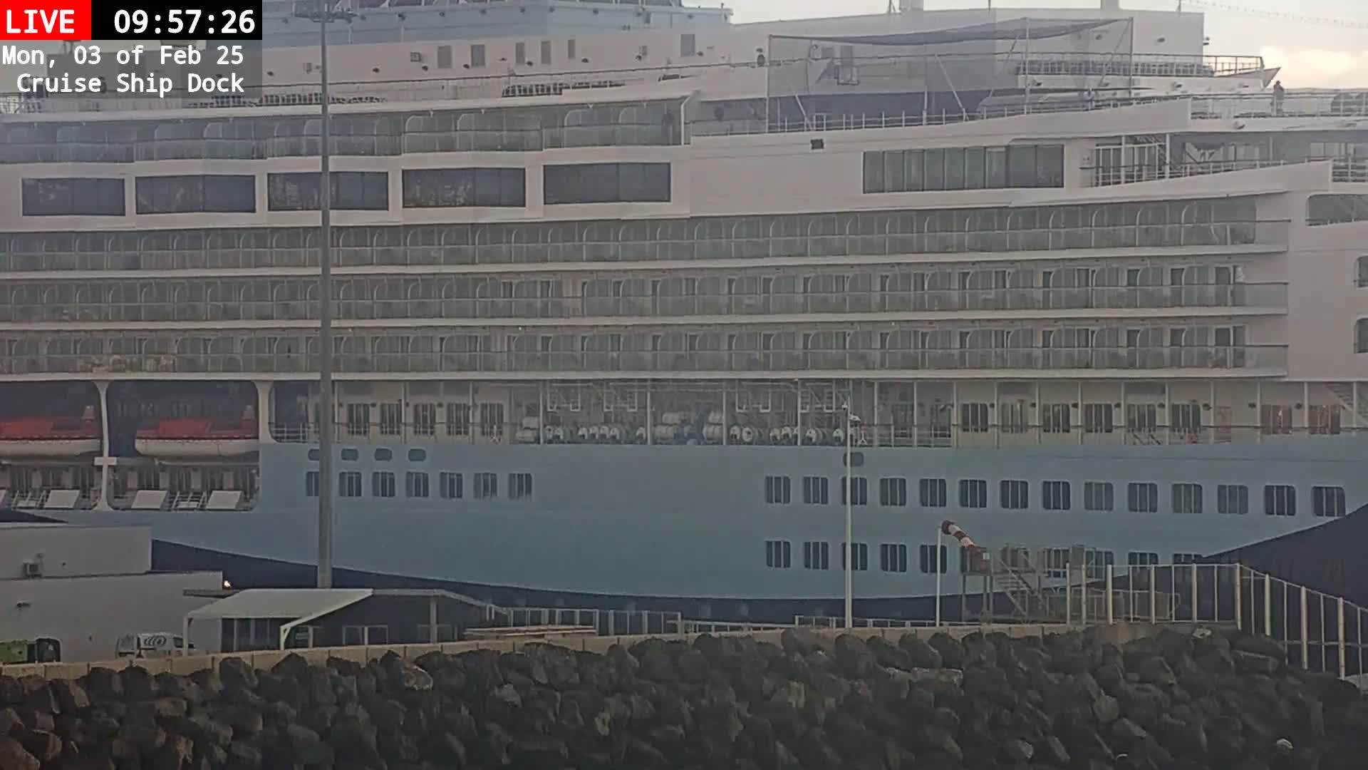 A large cruise ship is docked at a port, under an overcast sky.