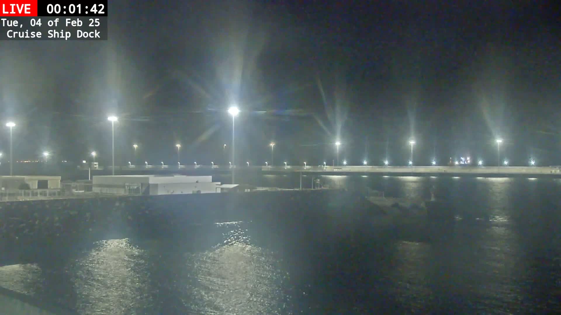 A nighttime view of a cruise ship dock illuminated by bright lights, showing calm water.