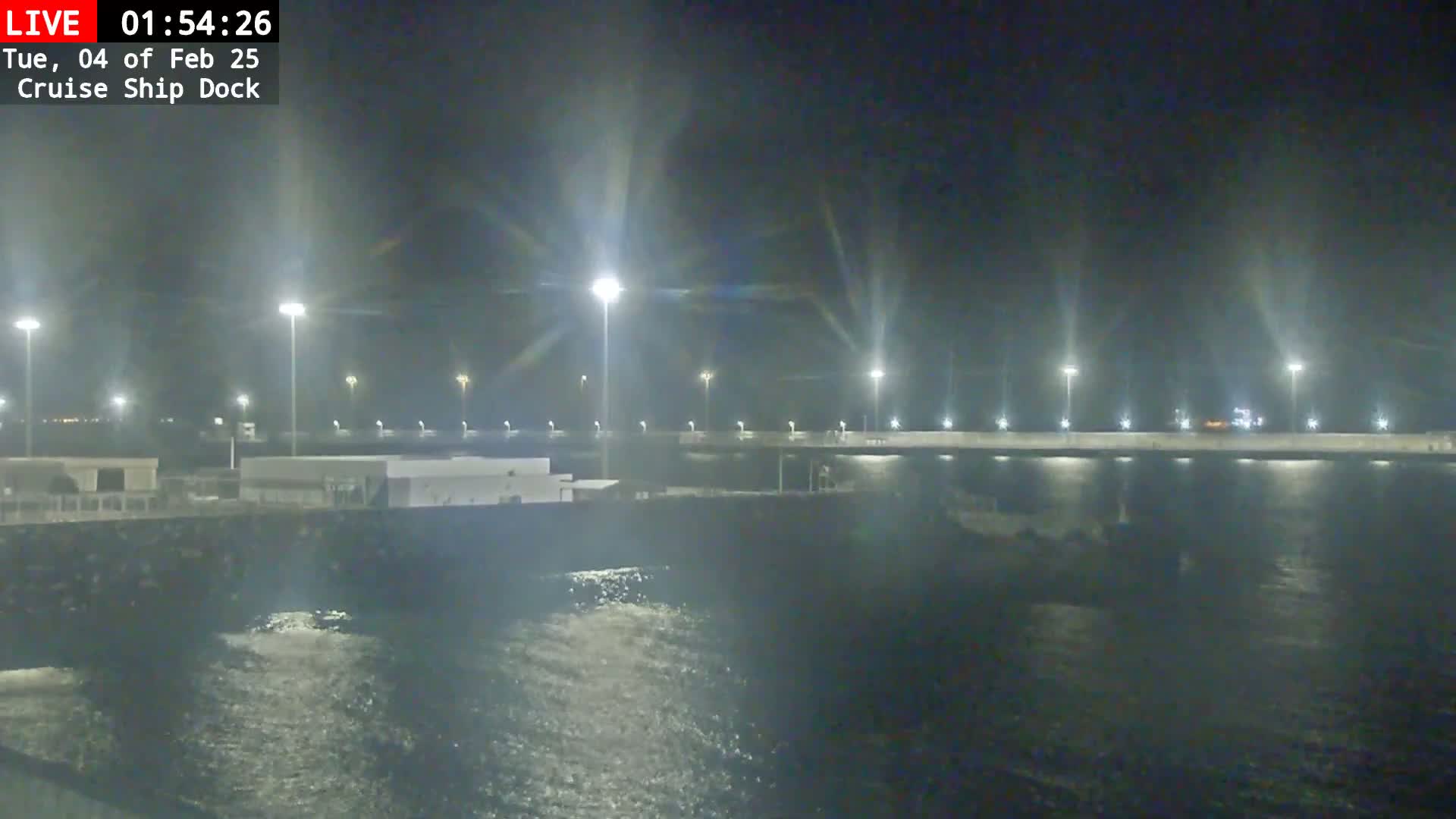 A nighttime view of a brightly lit cruise ship dock with slightly choppy water.