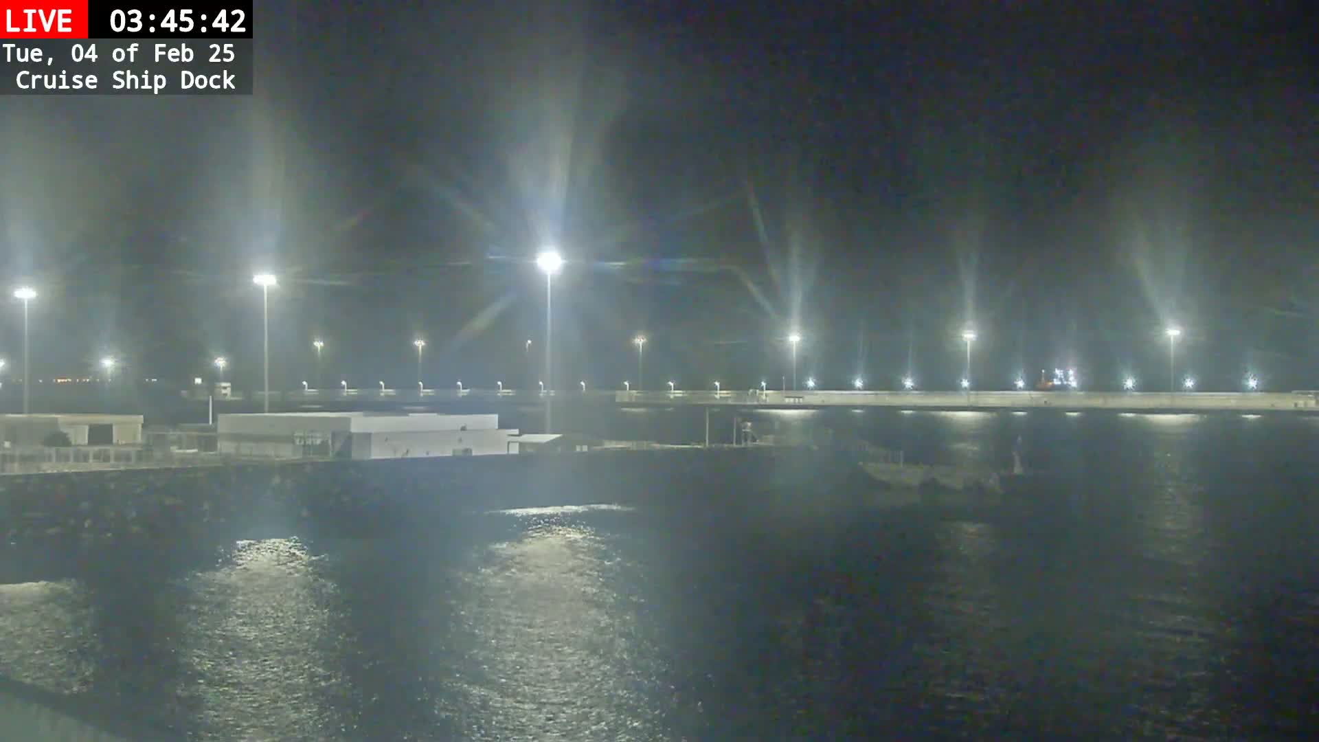 A nighttime view of a cruise ship dock illuminated by bright lights, with slightly choppy water in the foreground.