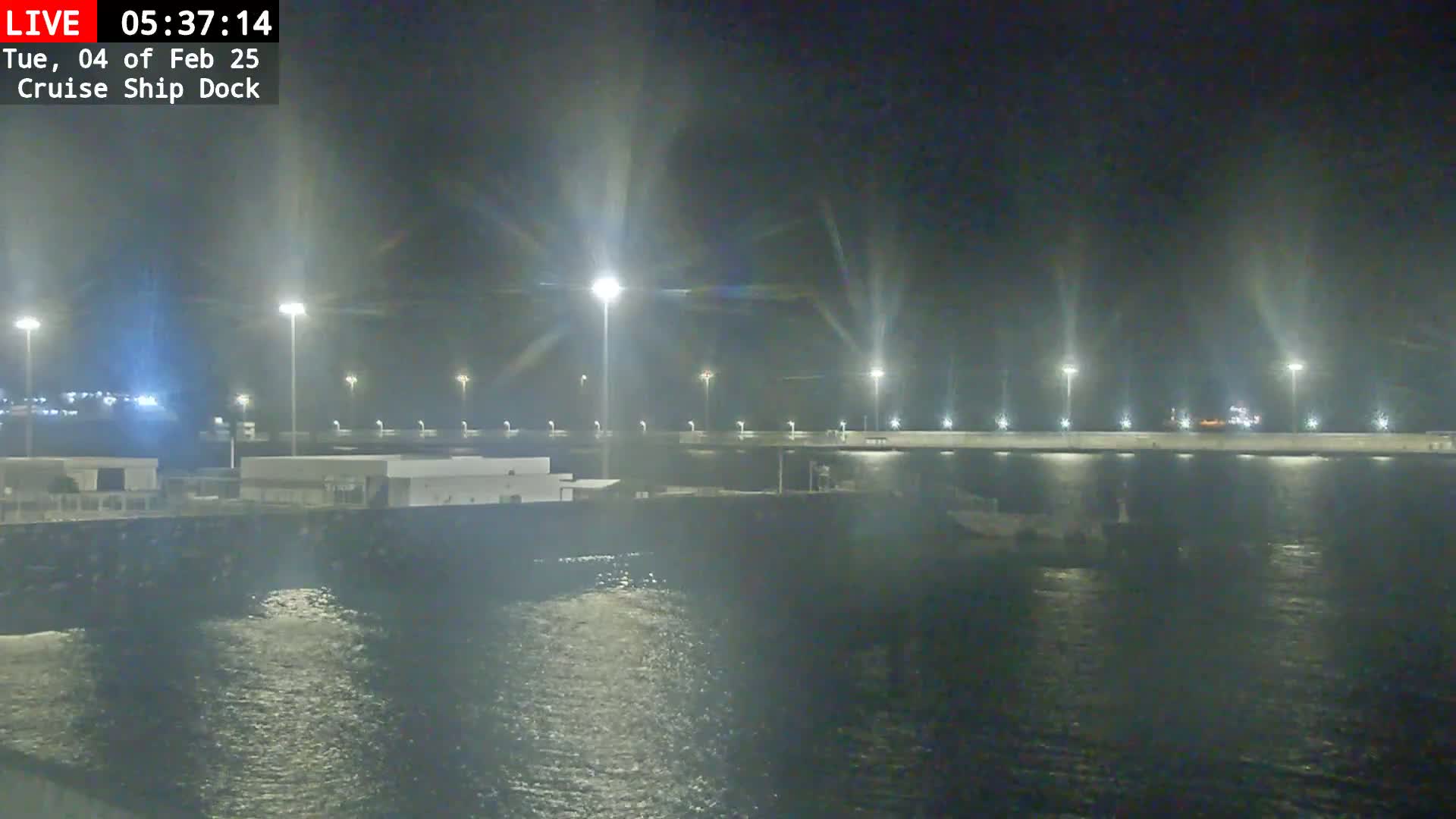 A nighttime view of a cruise ship dock illuminated by bright lights, with calm water visible in the foreground.