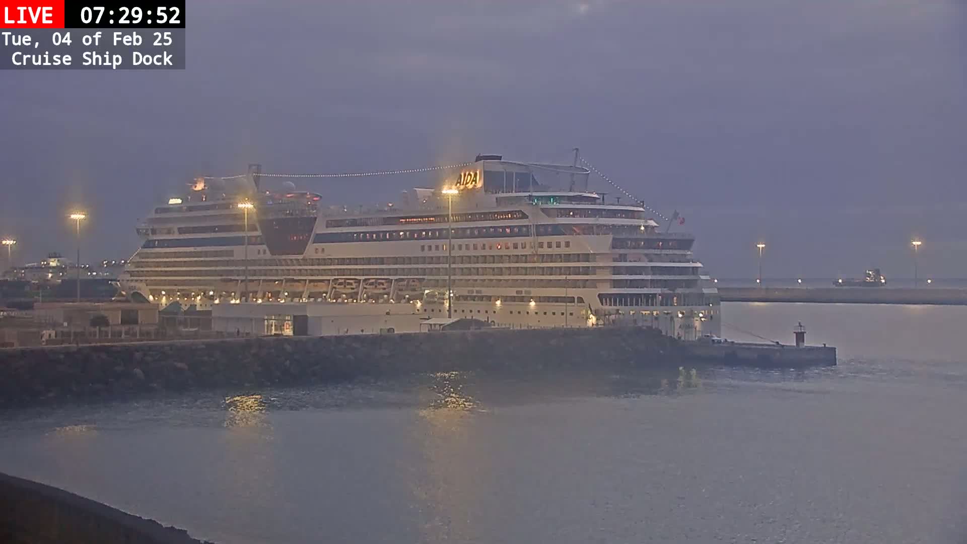 A large cruise ship is docked at a port at twilight under a hazy sky.