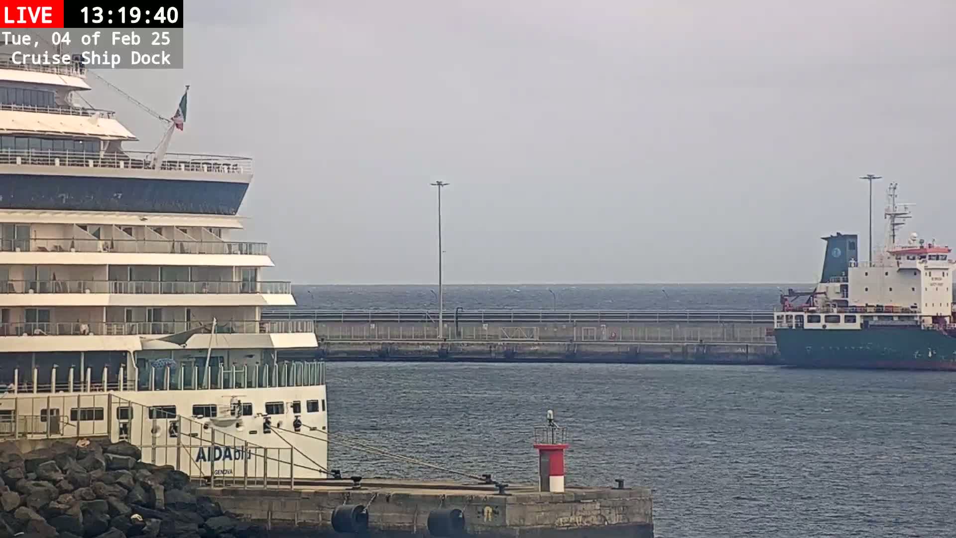 A cruise ship is docked next to a cargo ship at a port on a slightly overcast day with a calm sea.