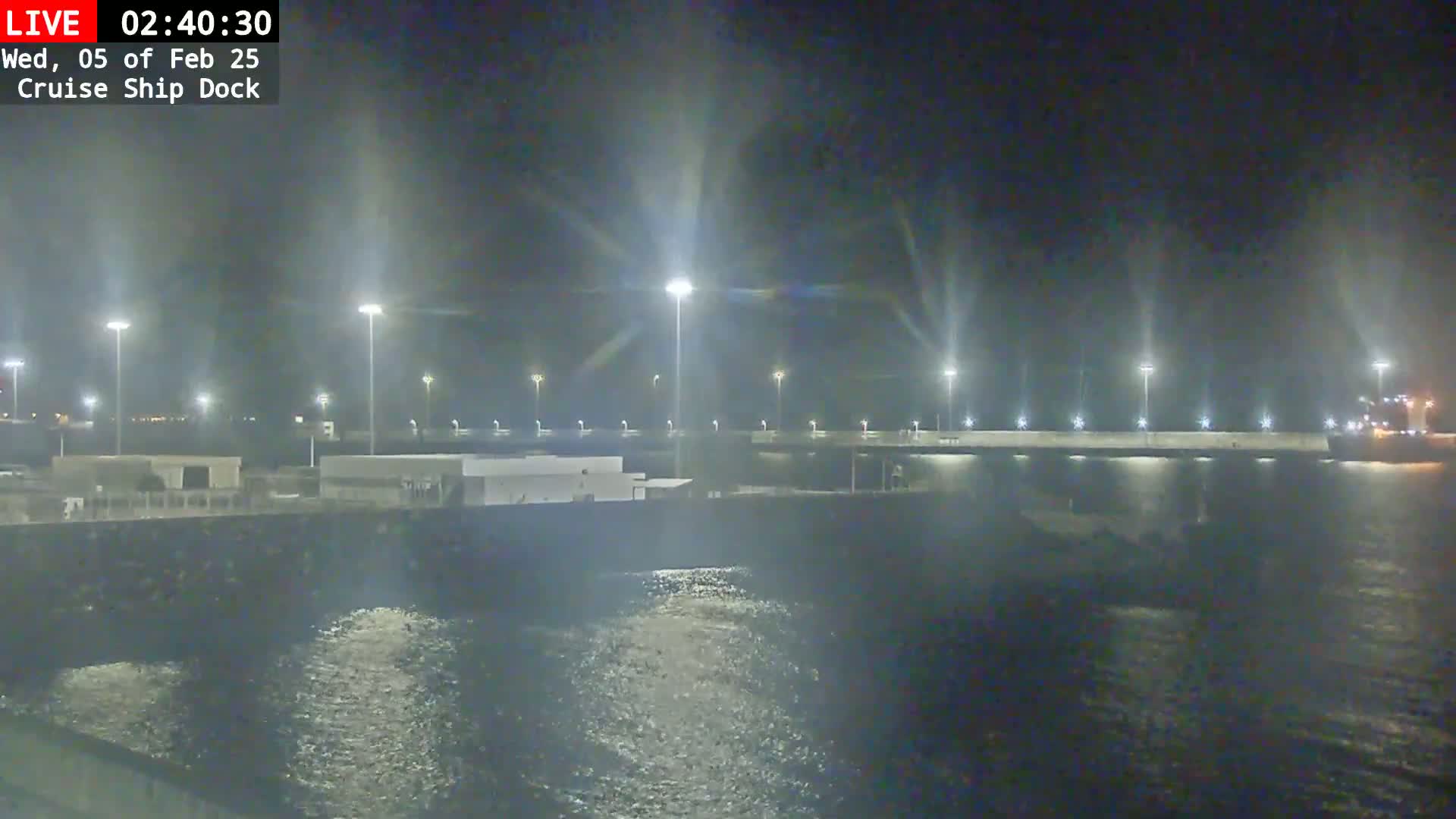 A nighttime view of a cruise ship dock illuminated by numerous lights, with slightly choppy water visible in the foreground.