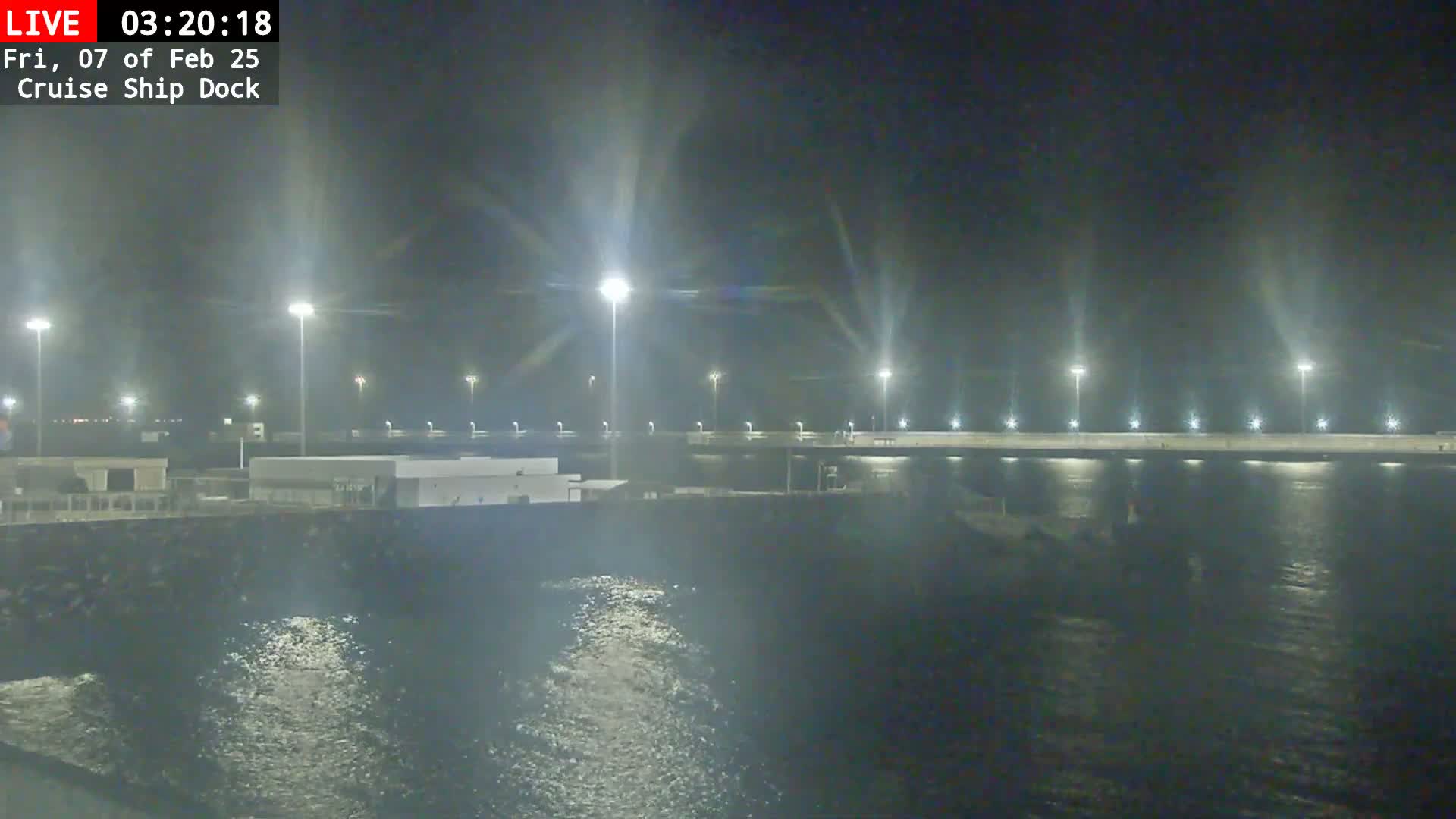 A nighttime view of a cruise ship dock, illuminated by bright lights, shows calm water reflecting the lights.