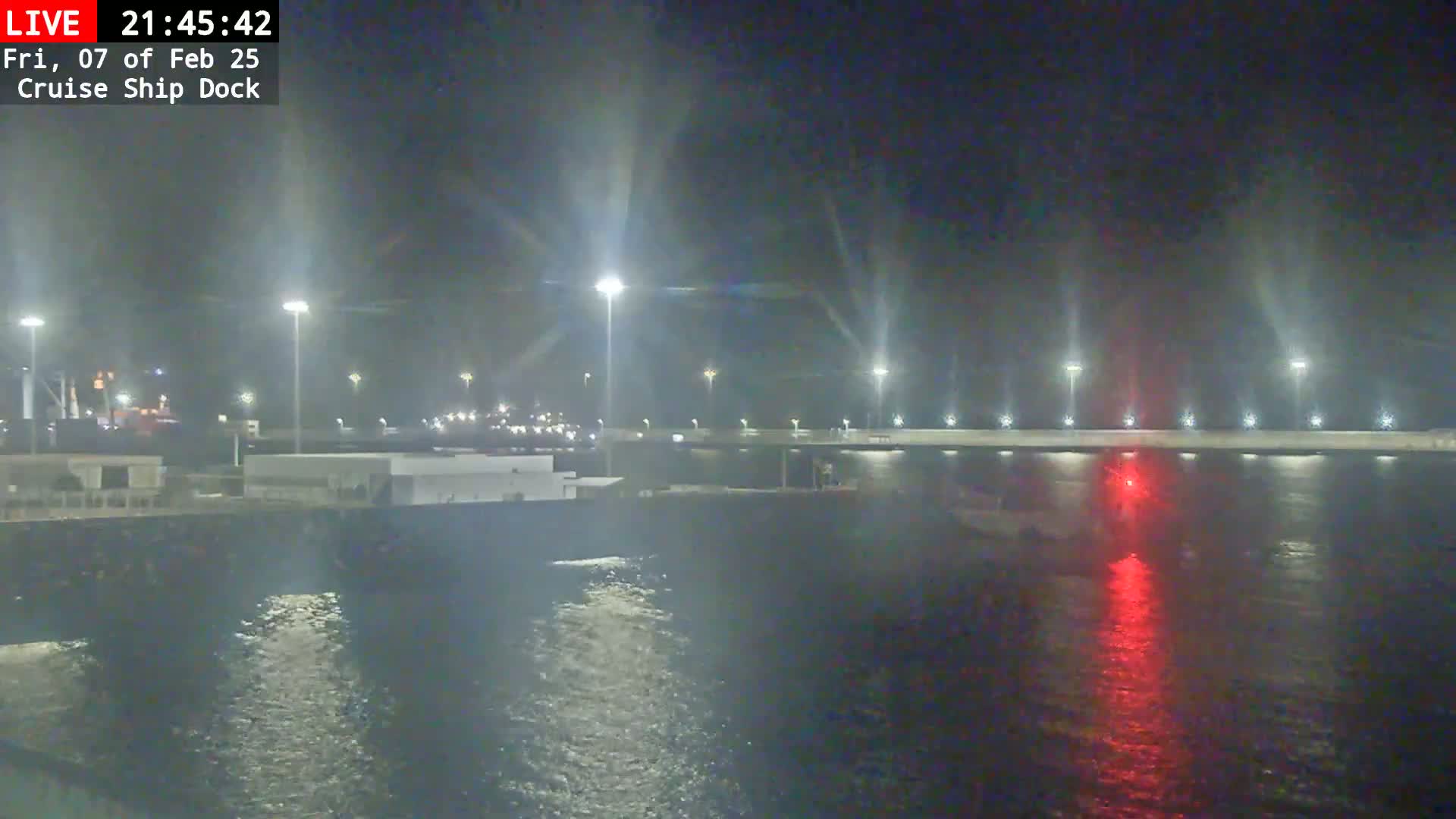 A nighttime view of a cruise ship dock with illuminated lights reflecting on calm water.
