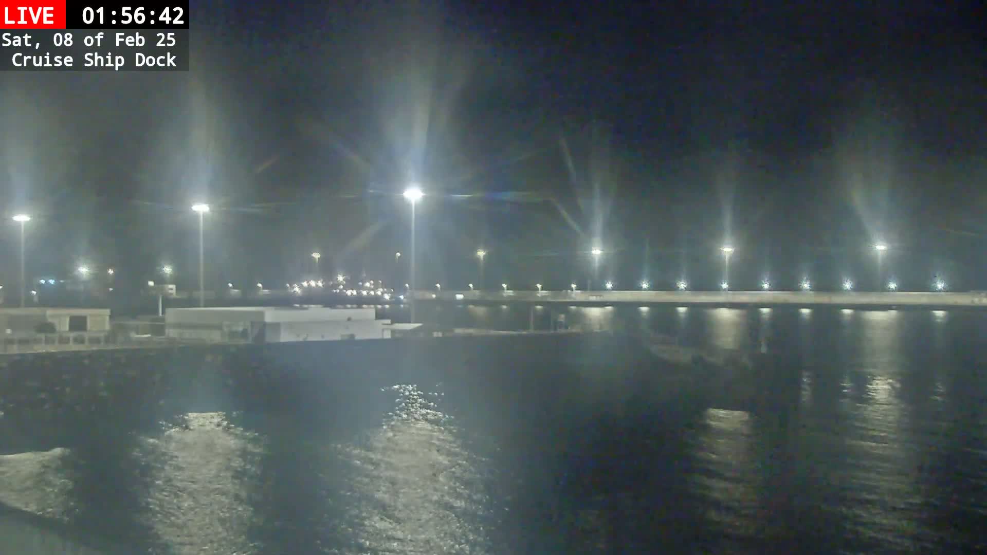 A nighttime view of a cruise ship dock illuminated by bright lights, with calm water visible in the foreground.