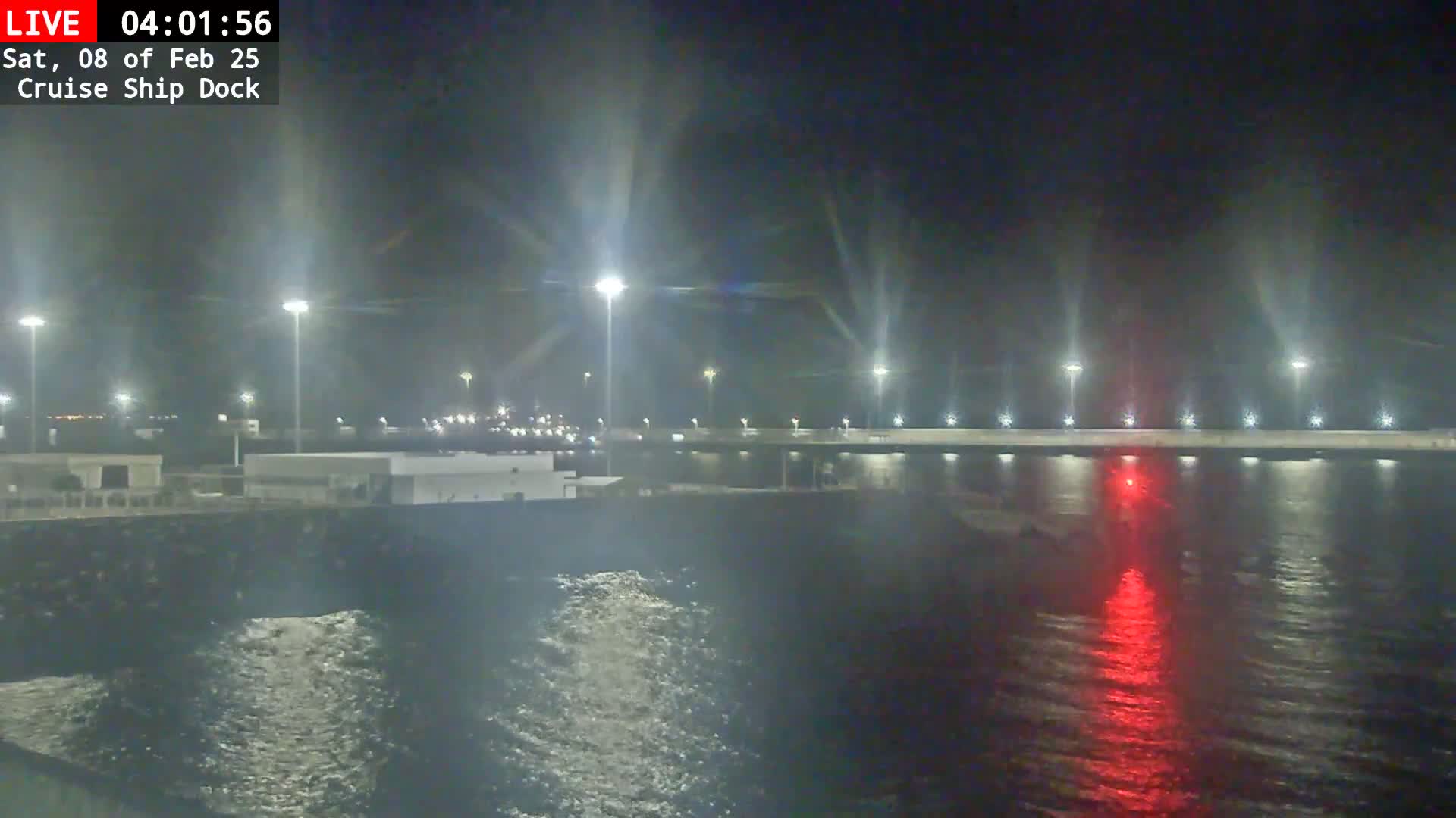 A nighttime view of a cruise ship dock with lights illuminating a body of water that has small waves.