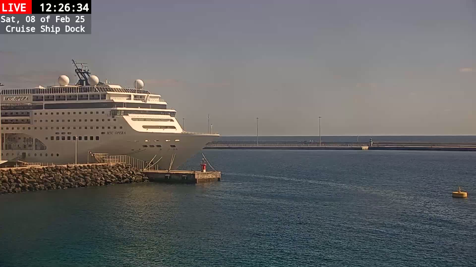 A large cruise ship is docked at a port on a calm, sunny day.