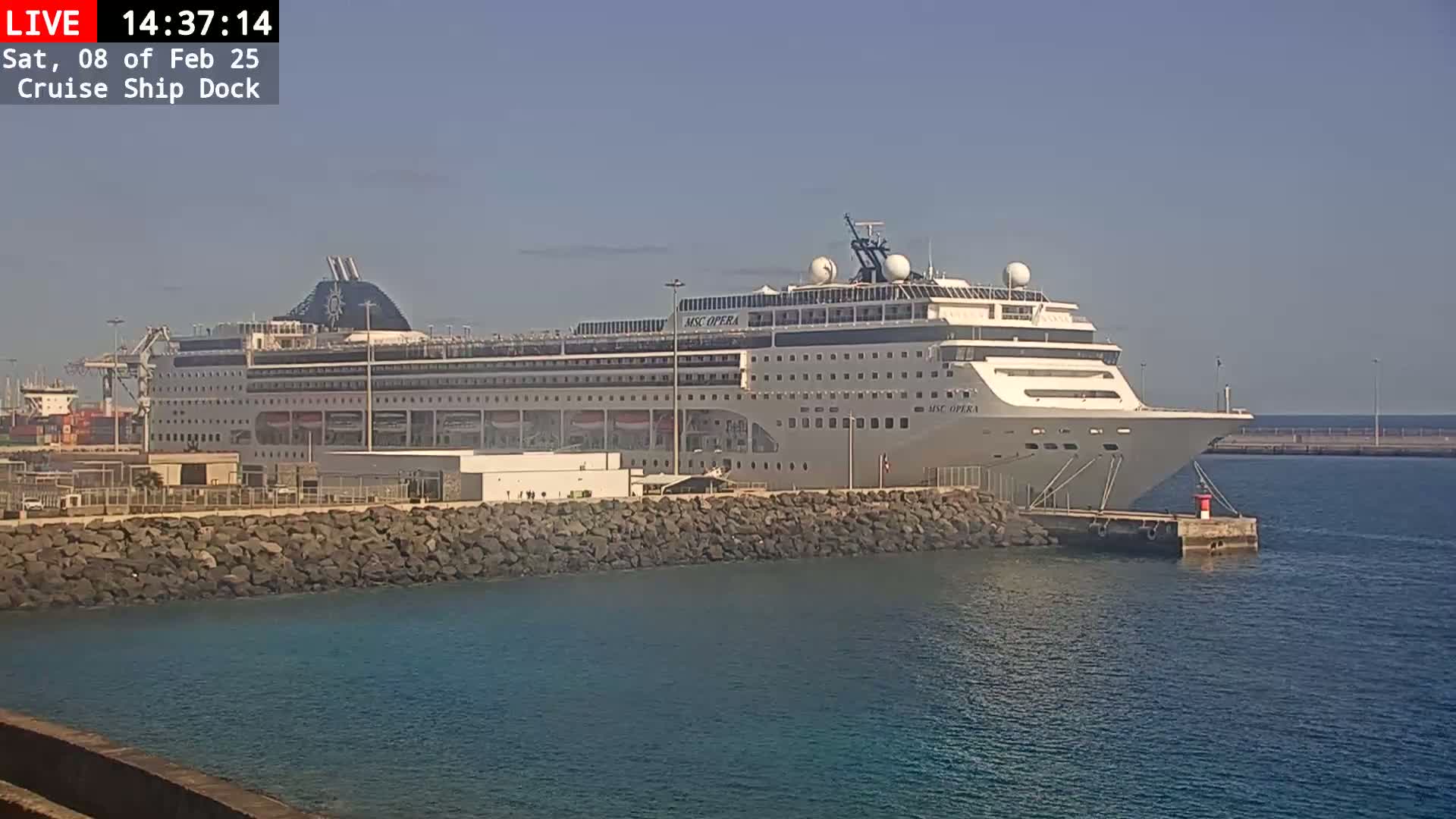 A large cruise ship is docked at a port on a sunny day.