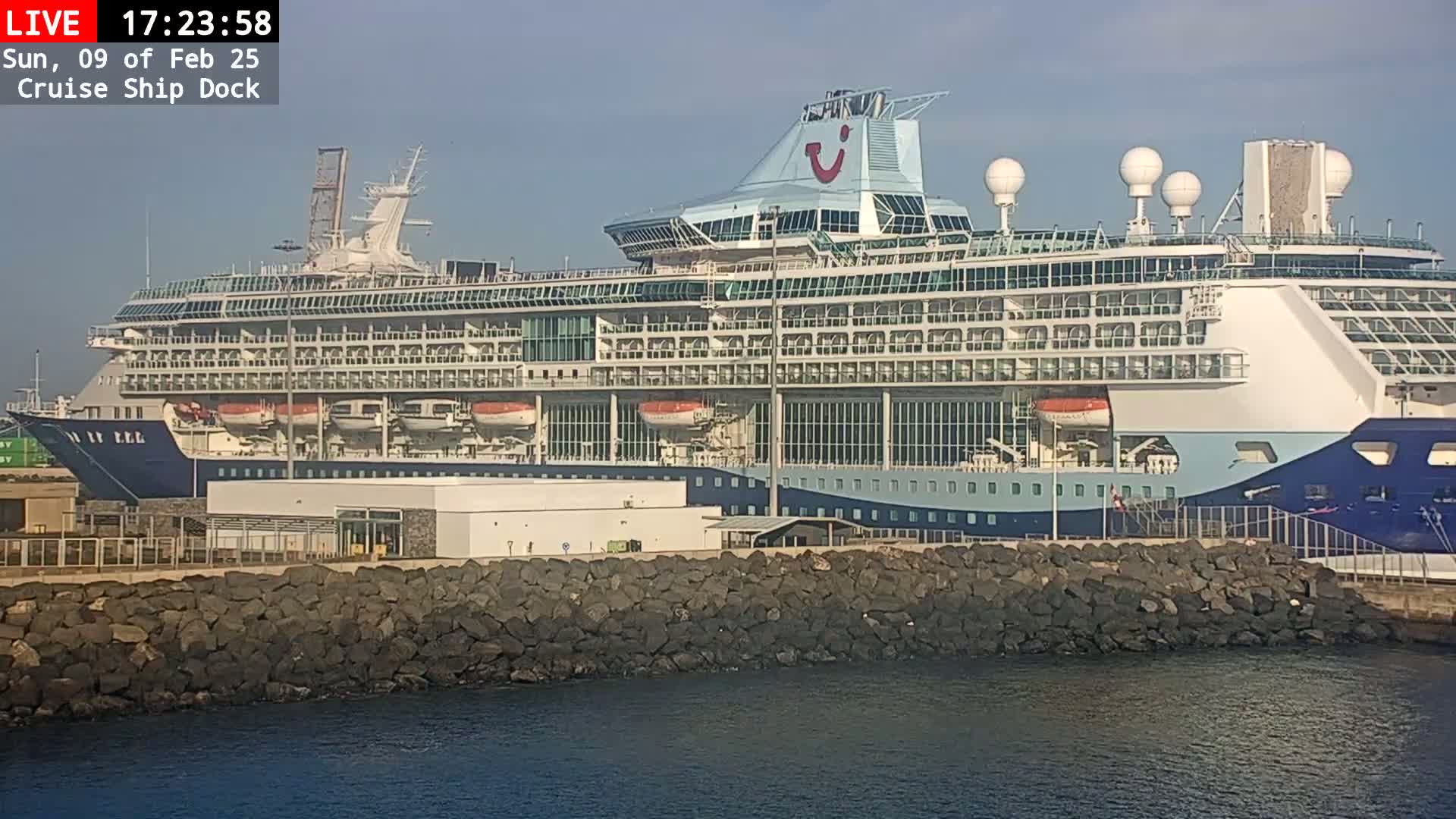 A large cruise ship is docked at a port on a sunny day.
