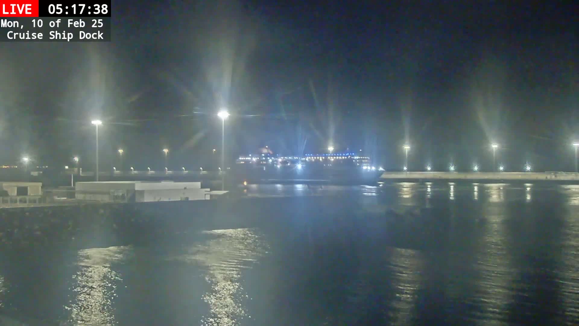 A large cruise ship is docked at night at a brightly lit port, with calm water reflecting the lights.