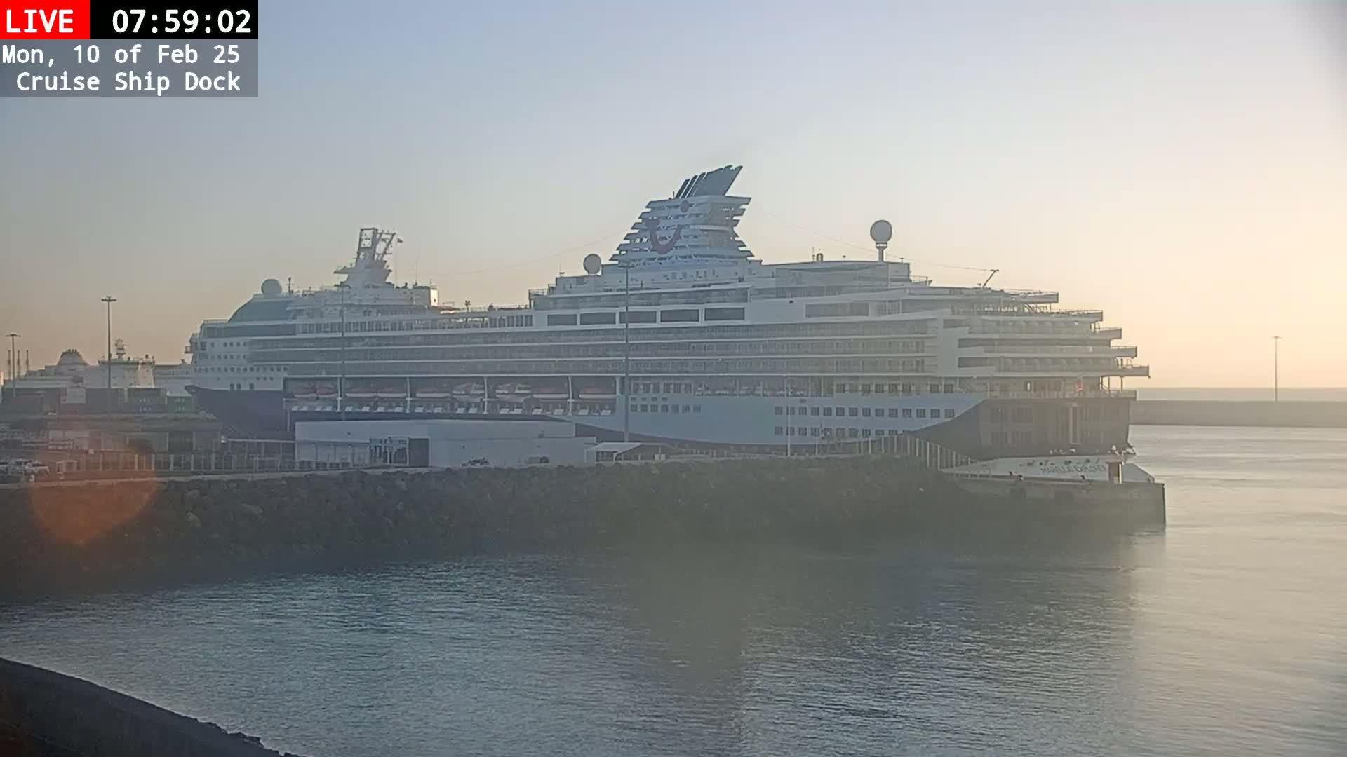 A large cruise ship is docked at a pier in calm, hazy morning light.