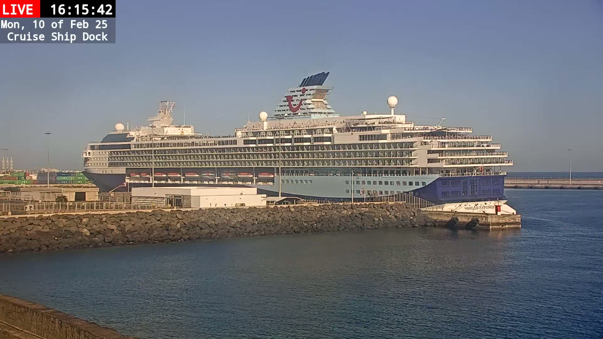 A large cruise ship is docked at a port on a sunny day.