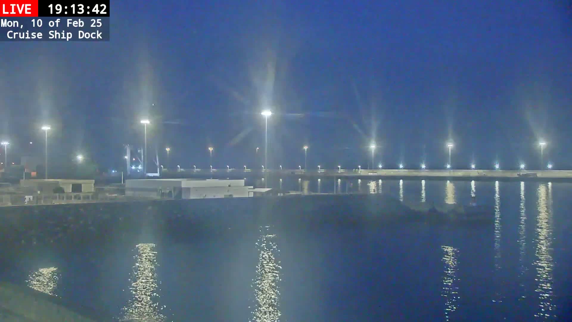 A nighttime view of a cruise ship dock illuminated by numerous lights, reflecting on calm water under a dark blue sky.