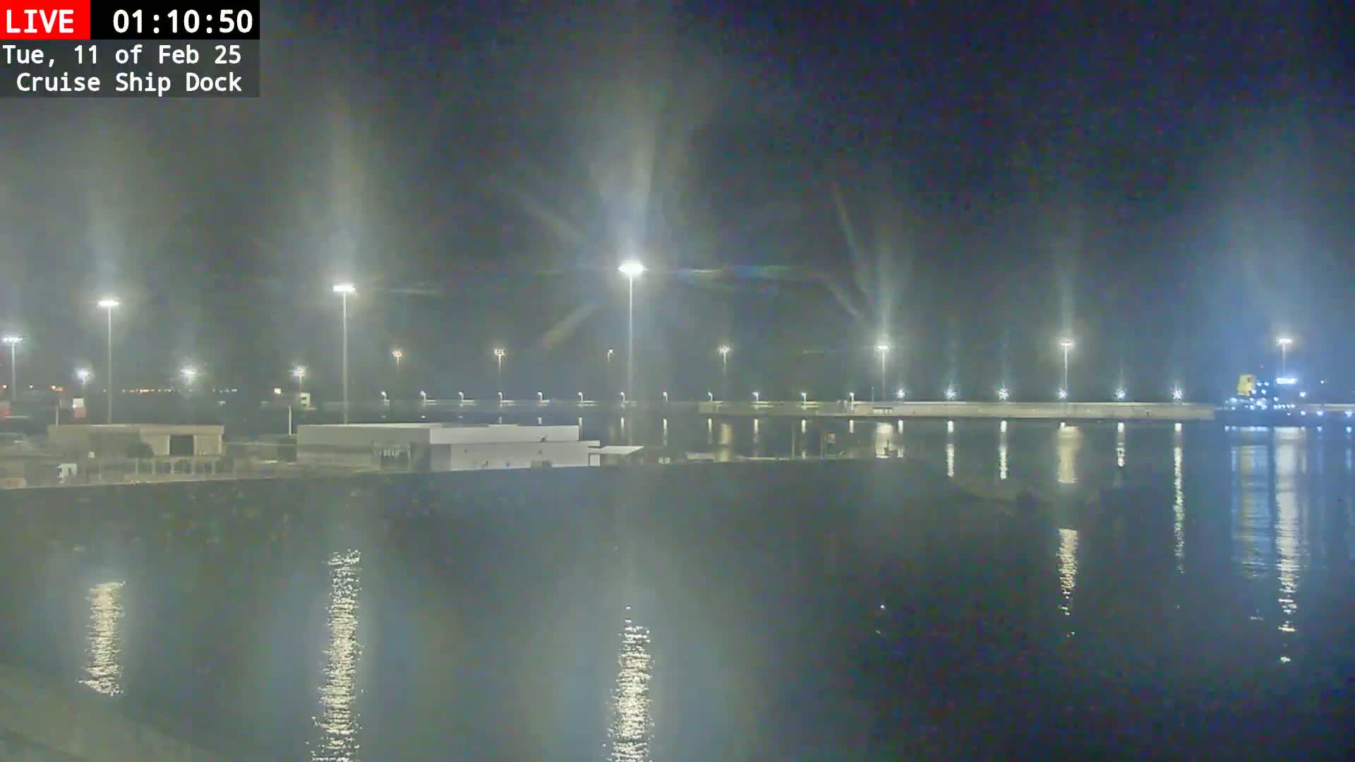A nighttime view of a cruise ship dock illuminated by numerous lights, reflecting on calm water.