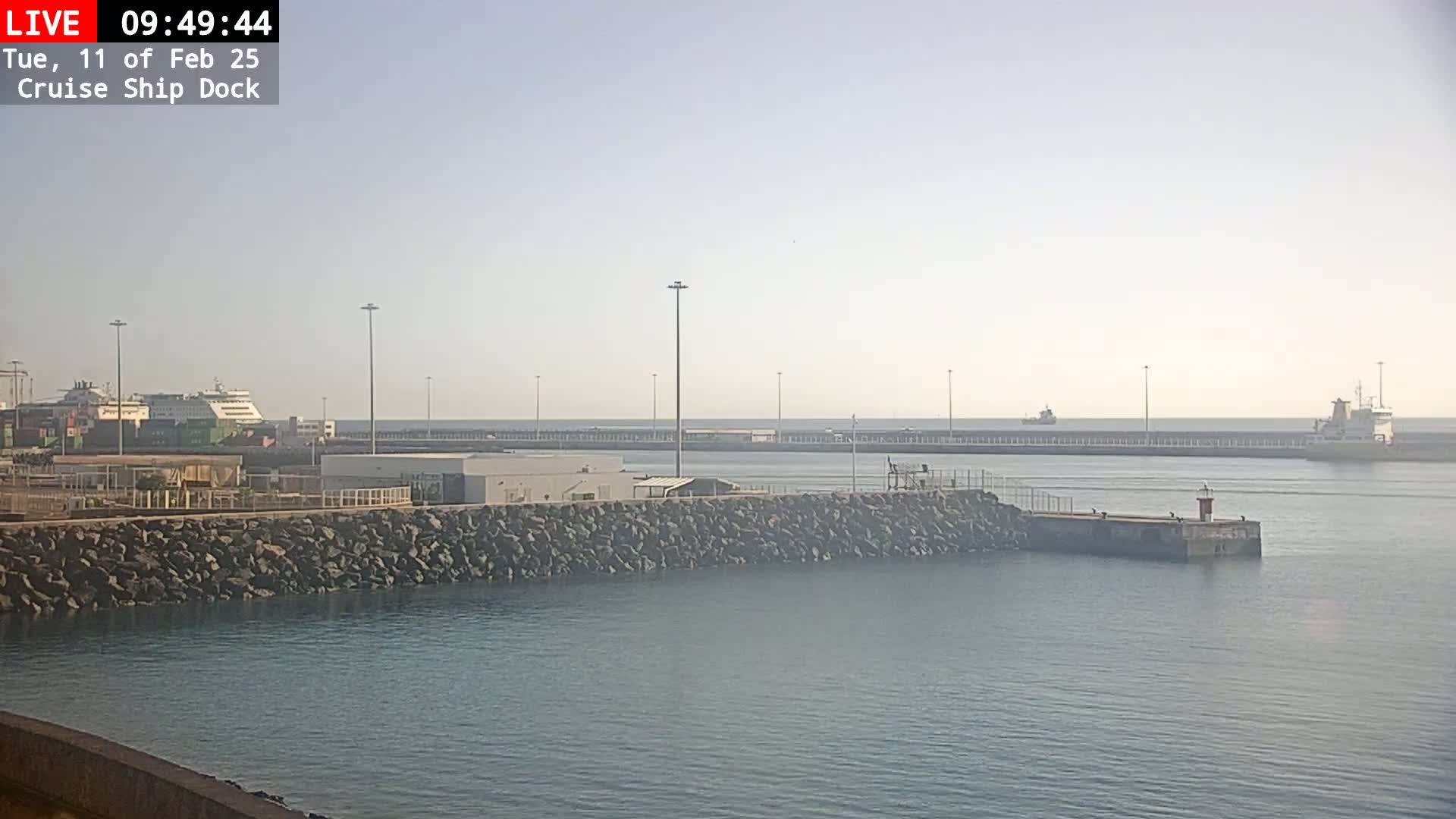 A hazy, sunny day at a cruise ship dock shows several ships and a stone seawall.