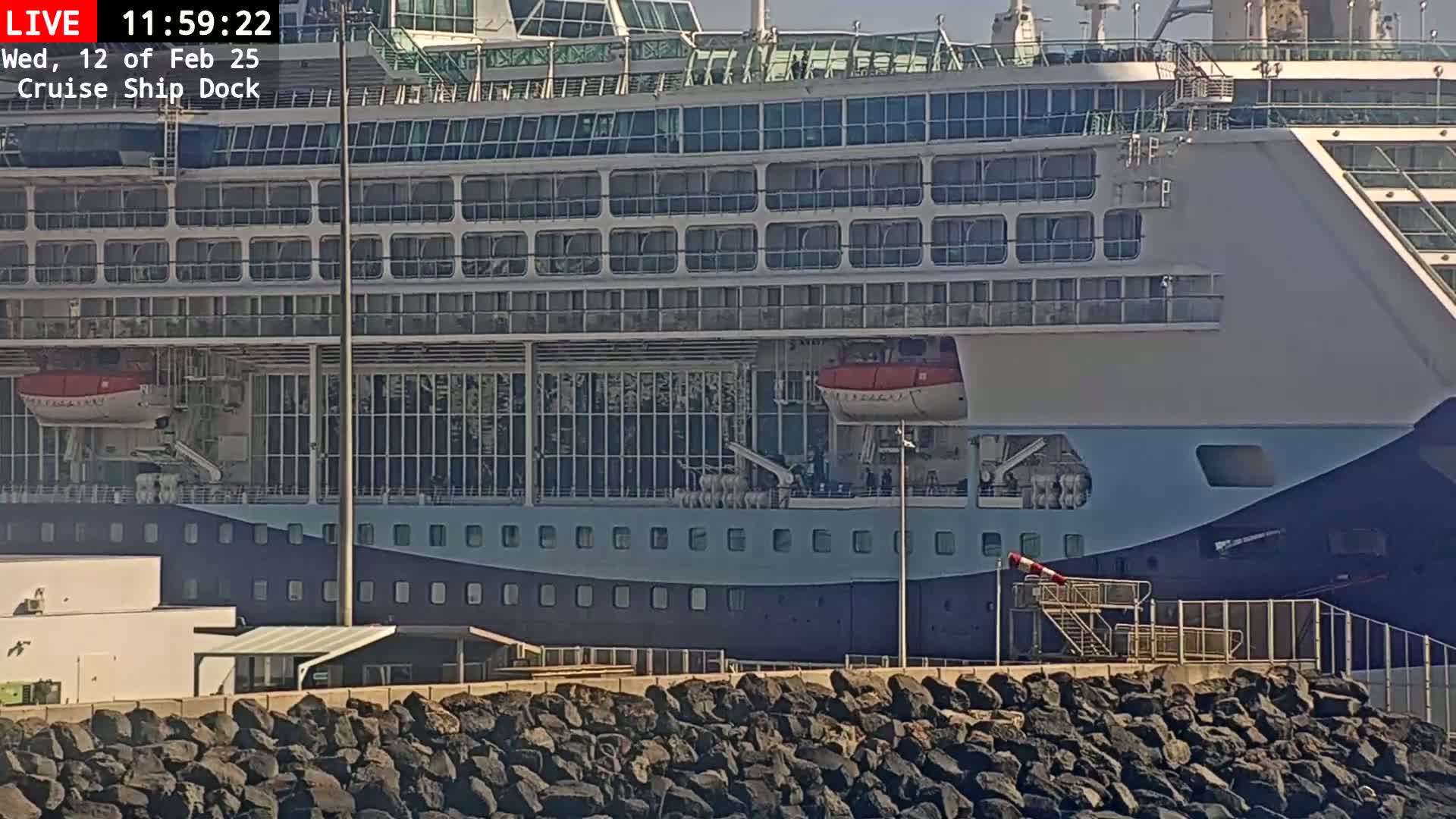 A large cruise ship is docked at a pier on a sunny day.