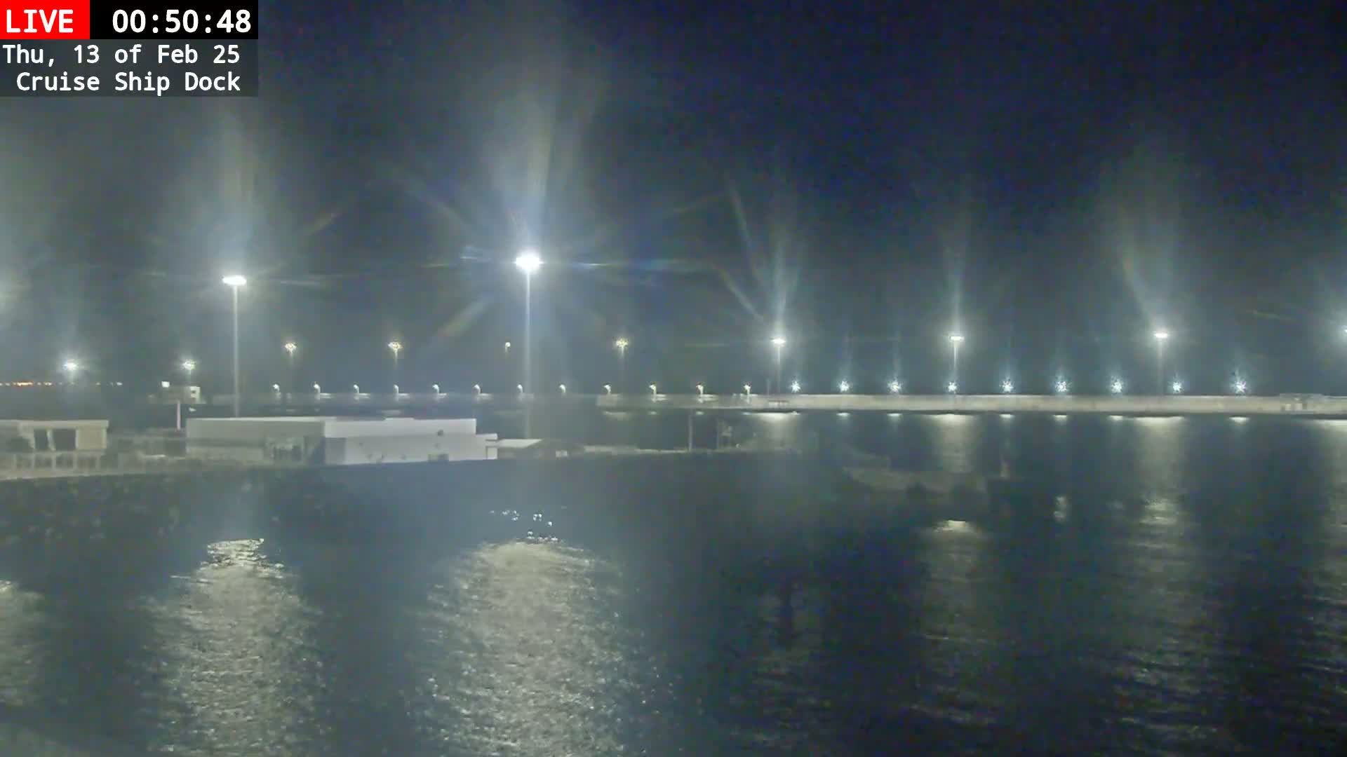 A nighttime view of a cruise ship dock illuminated by bright lights, with calm water reflecting the lights.