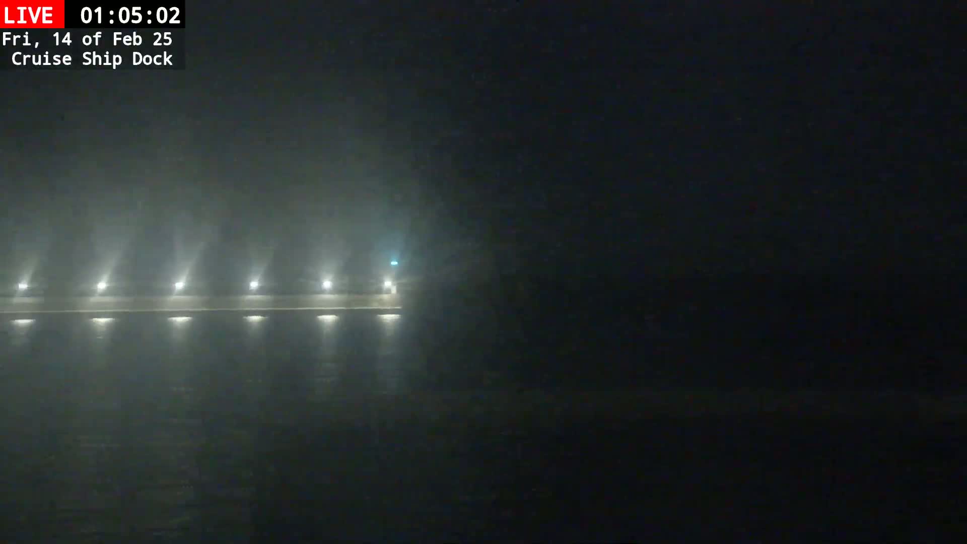 A foggy nighttime scene shows a dimly lit dock extending over dark water.