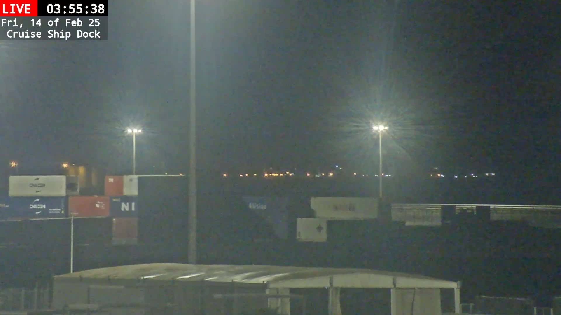 At night, under dark skies, a cruise ship dock is illuminated by bright lights, showing shipping containers and a distant, dimly lit shoreline.