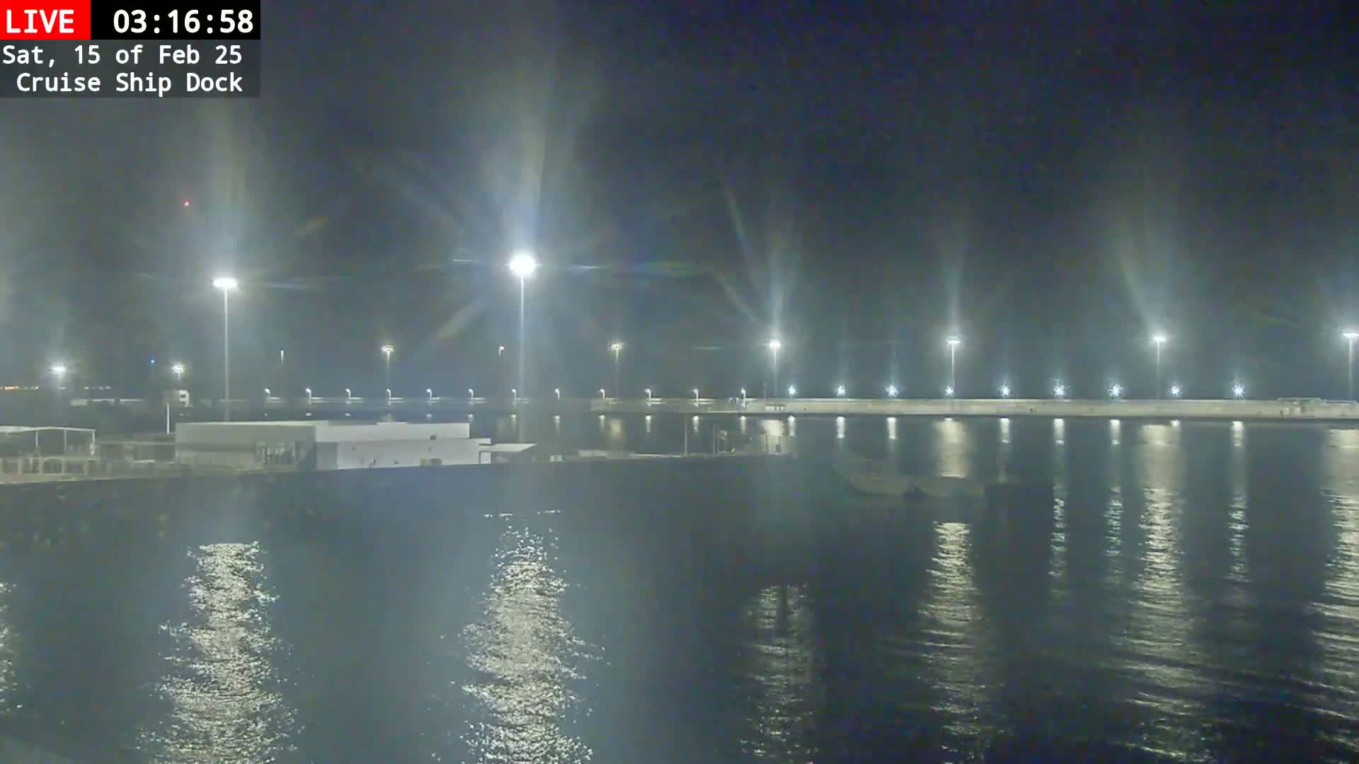 A nighttime view of a cruise ship dock illuminated by bright lights, reflecting on calm water.