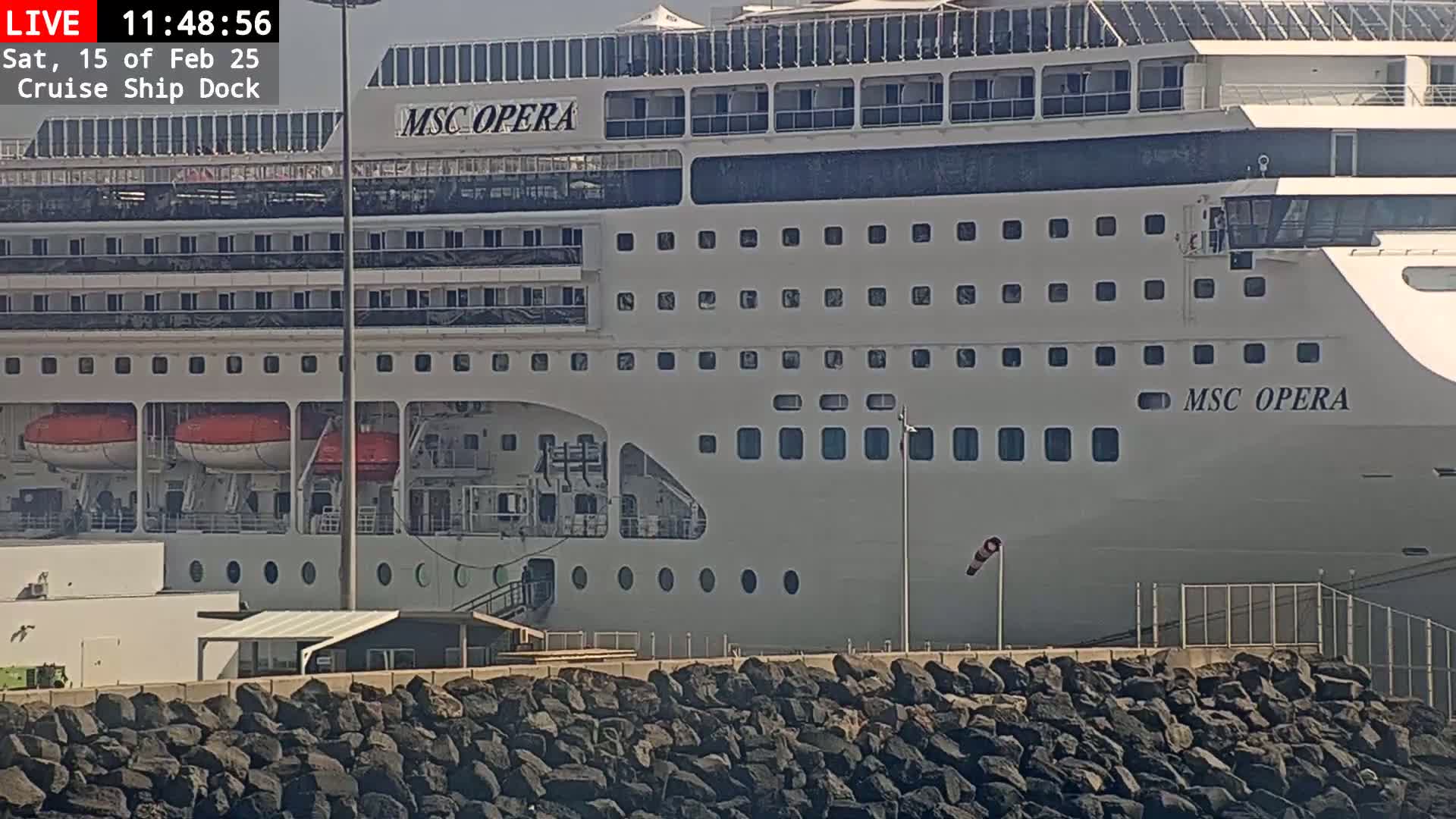 A large cruise ship is docked, and the weather appears sunny.