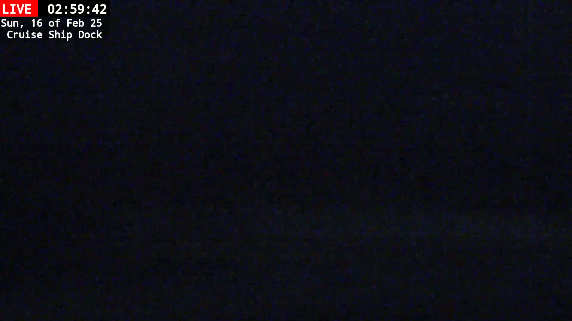 A dark, nighttime view of a cruise ship dock.
