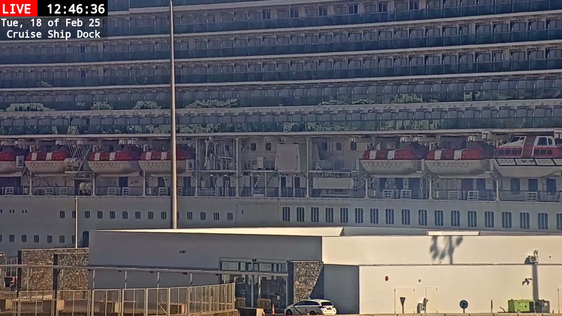 A large cruise ship is docked at a port on a sunny day.