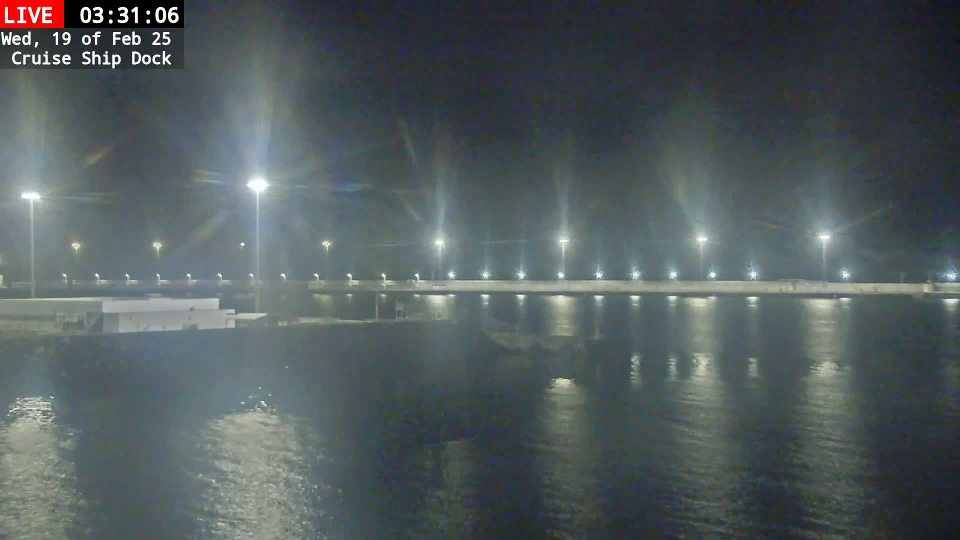 A nighttime view of a cruise ship dock illuminated by bright lights, reflecting on calm water.