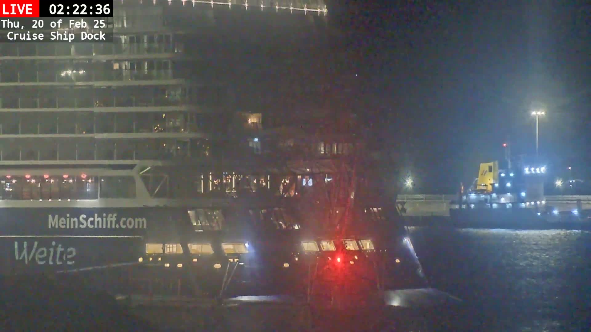 At night, a large cruise ship is docked next to a smaller vessel in choppy water.