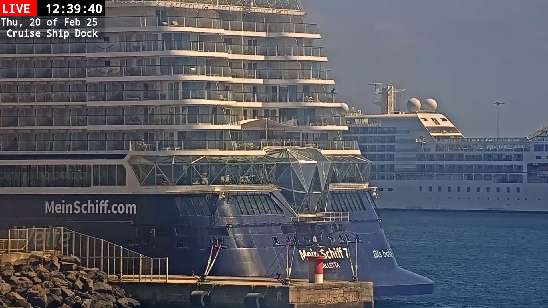 Two large cruise ships are docked at a port on a hazy day.