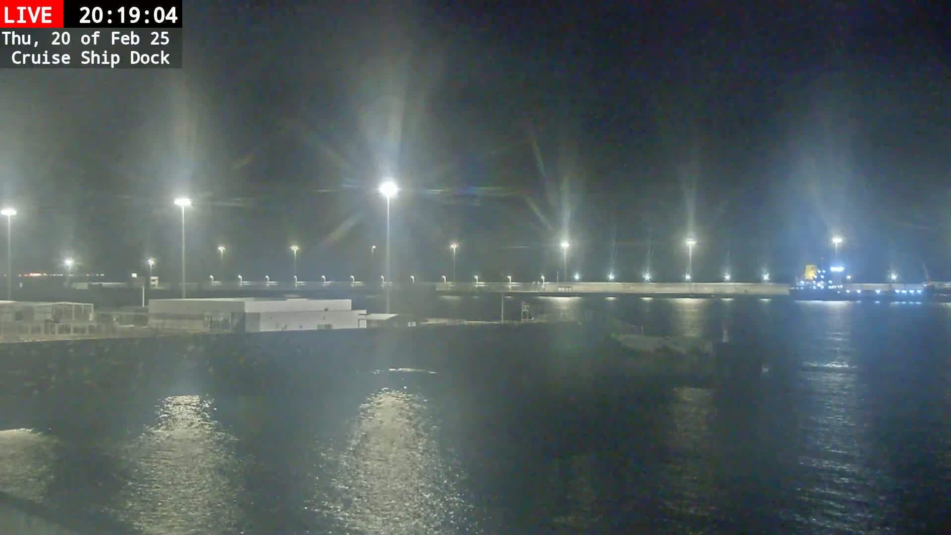 A brightly lit cruise ship dock at night, with a large ship visible in the water.