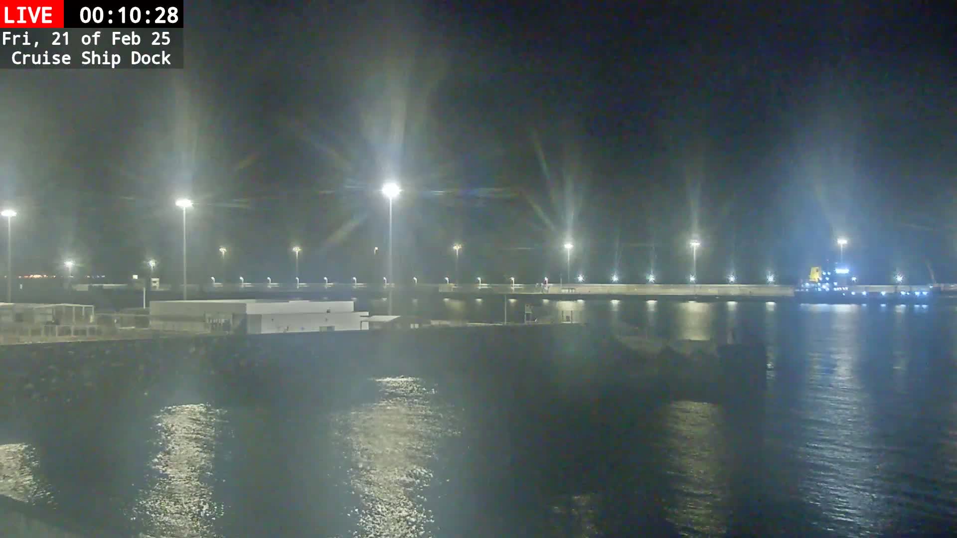 A cruise ship dock at night is brightly lit, with a large ship moored at the dock and relatively calm water.