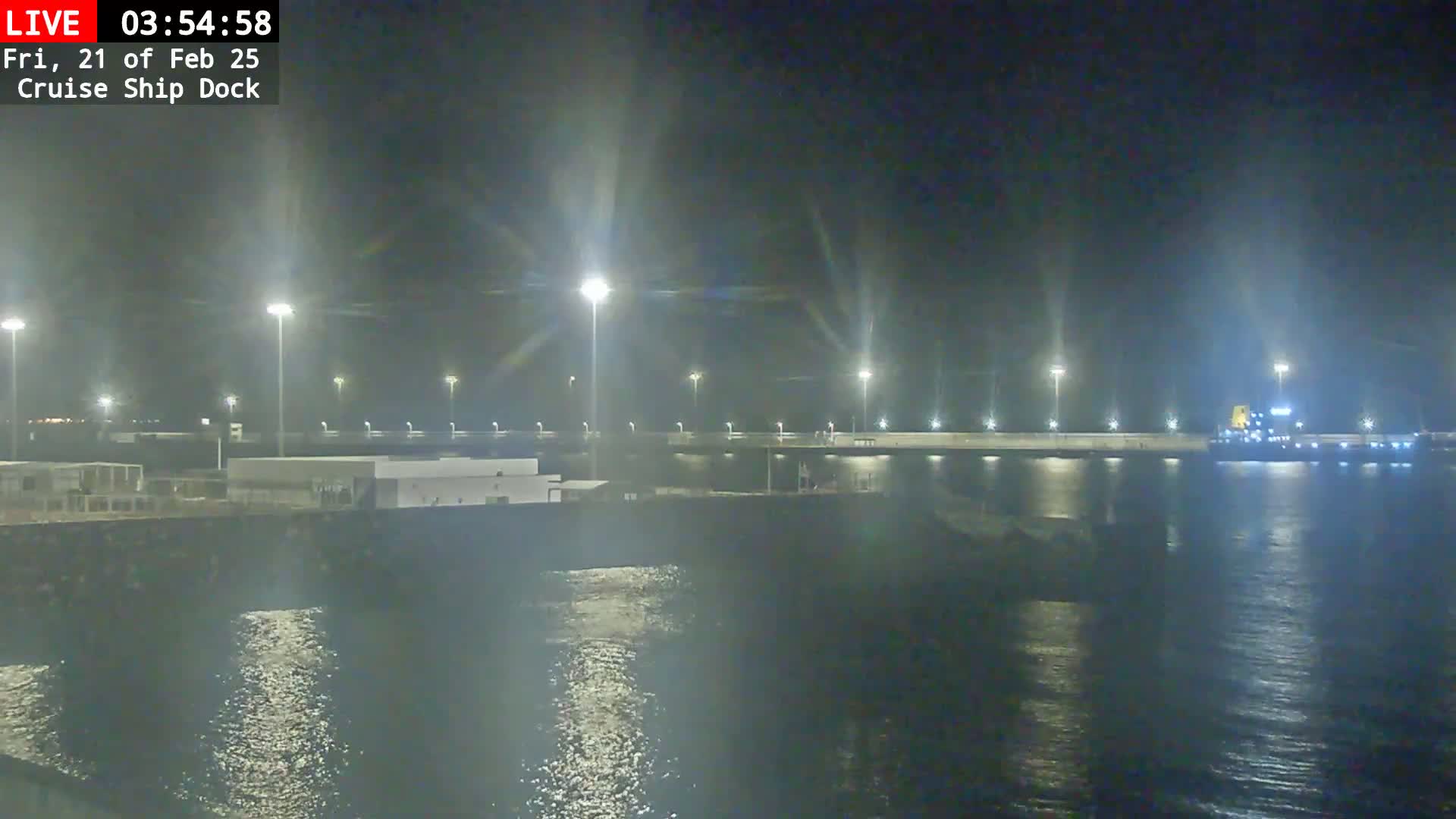 A nighttime view of a cruise ship dock with a large ship docked, illuminated by many tall lights, and calm water reflecting the lights.