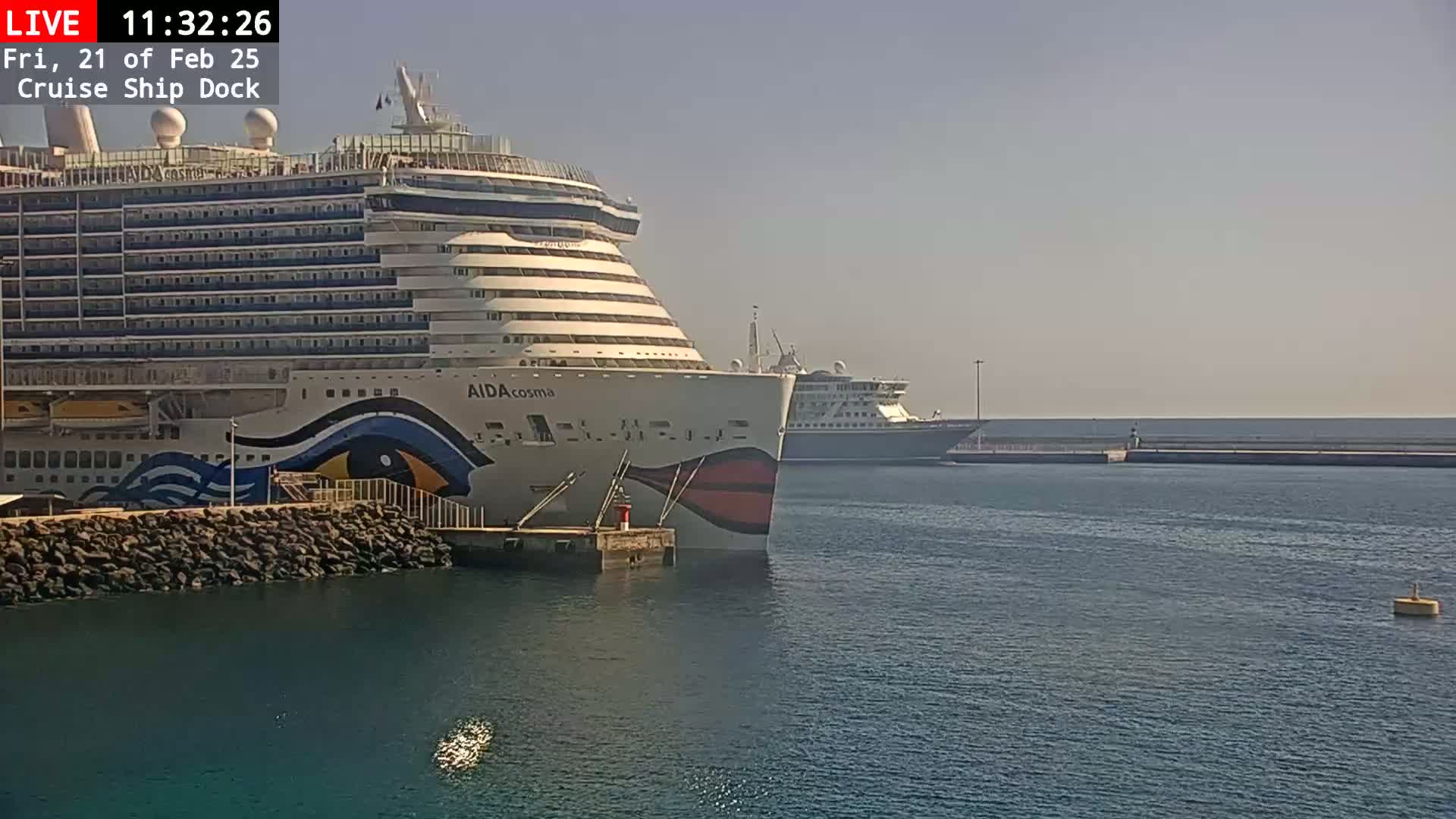 Two large cruise ships are docked at a port on a sunny day with calm water.
