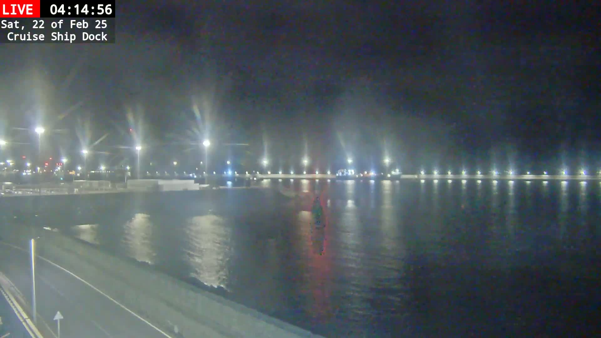 A nighttime view of a calm body of water reflecting the lights of a cruise ship dock.