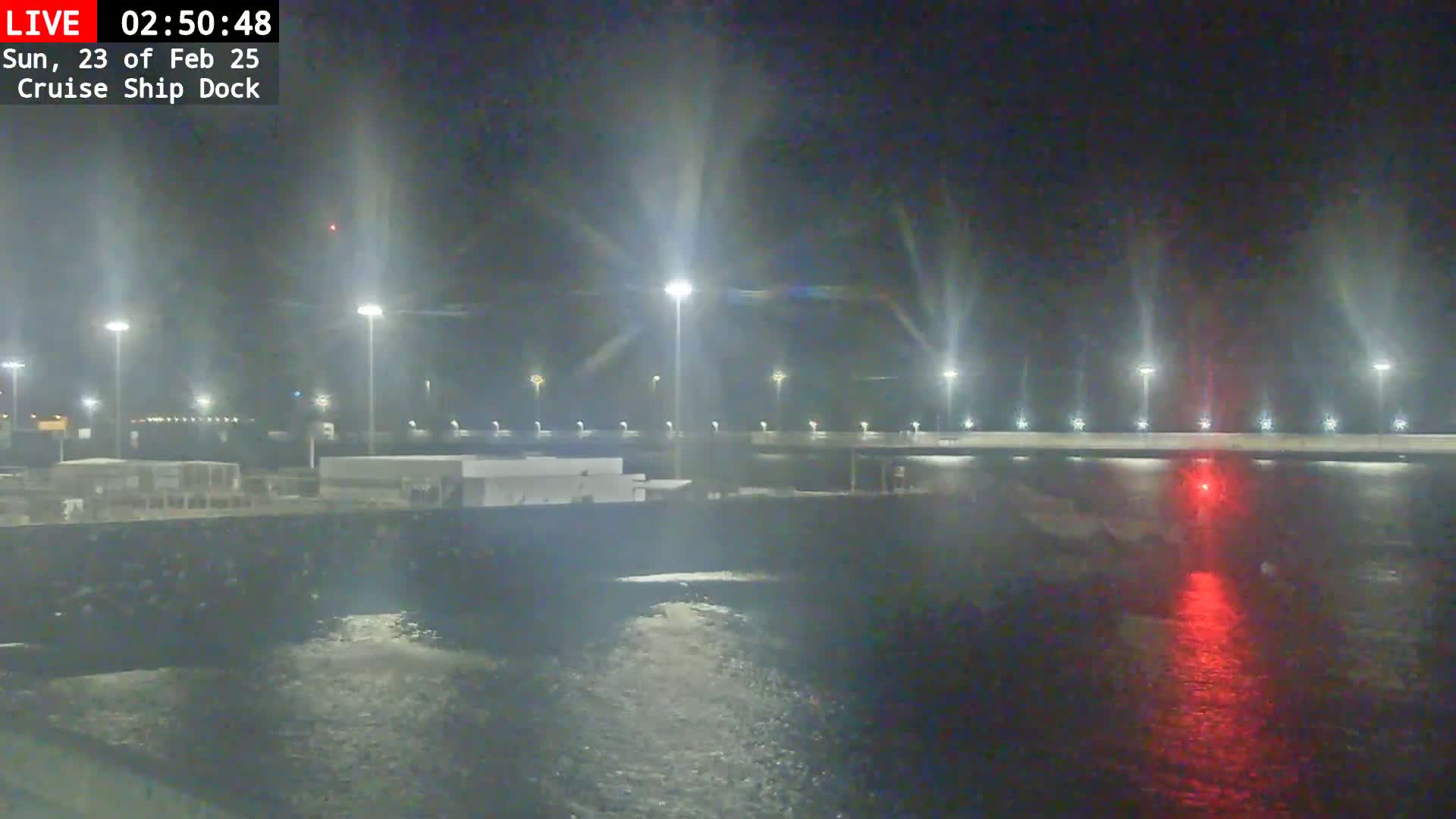 A nighttime view of a cruise ship dock illuminated by many lights, showing calm water reflecting the lights.